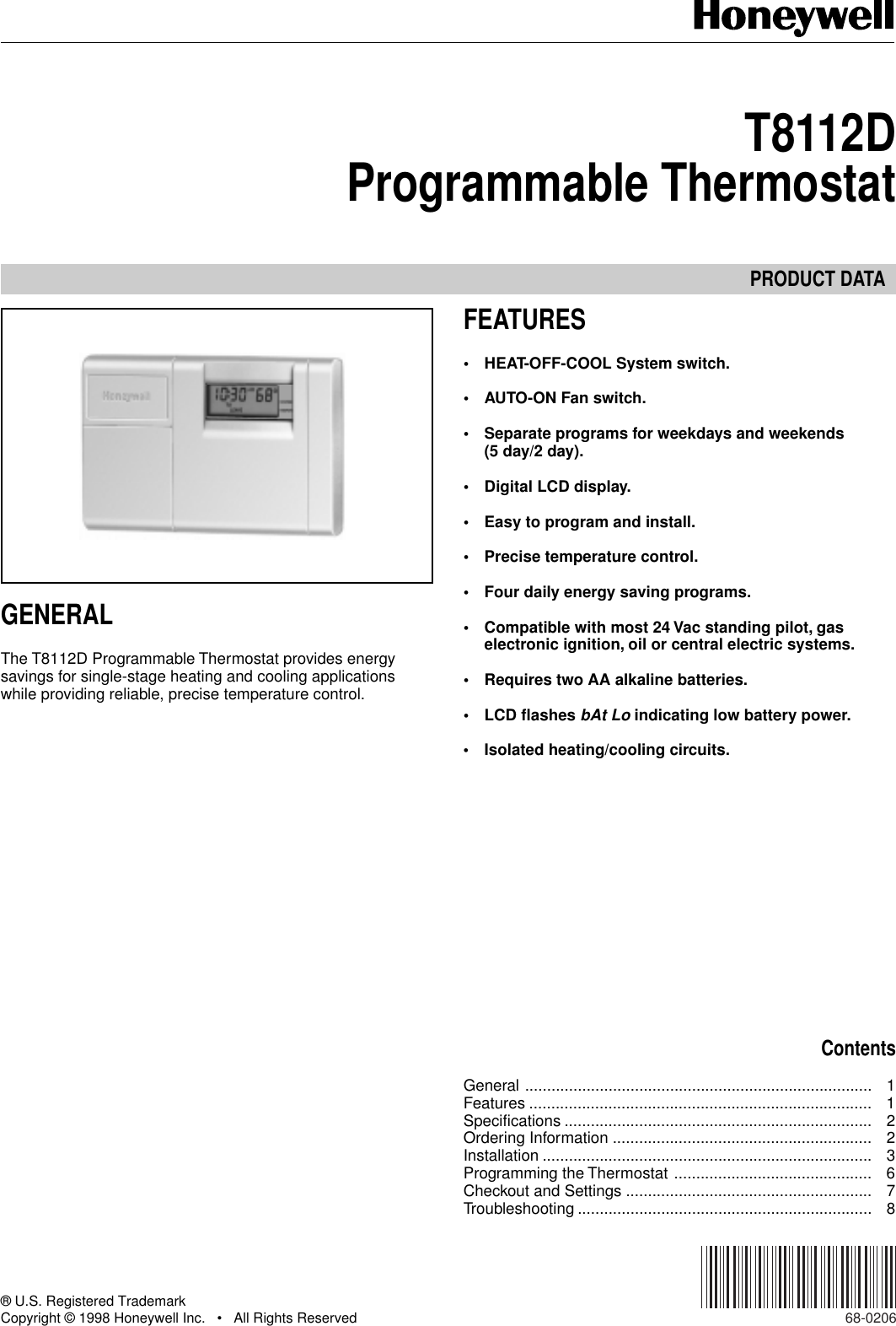 Page 1 of 8 - Honeywell Honeywell-Honeywell-Thermostat-T8112D-Users-Manual- 68-0170 - T8112 Programmable Thermostat  Honeywell-honeywell-thermostat-t8112d-users-manual