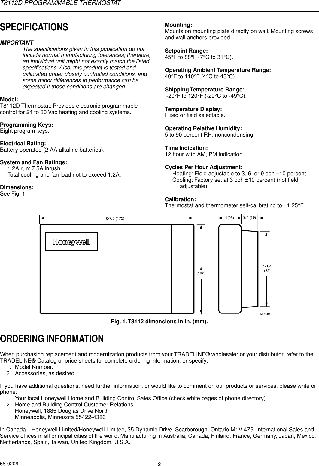 Page 2 of 8 - Honeywell Honeywell-Honeywell-Thermostat-T8112D-Users-Manual- 68-0170 - T8112 Programmable Thermostat  Honeywell-honeywell-thermostat-t8112d-users-manual