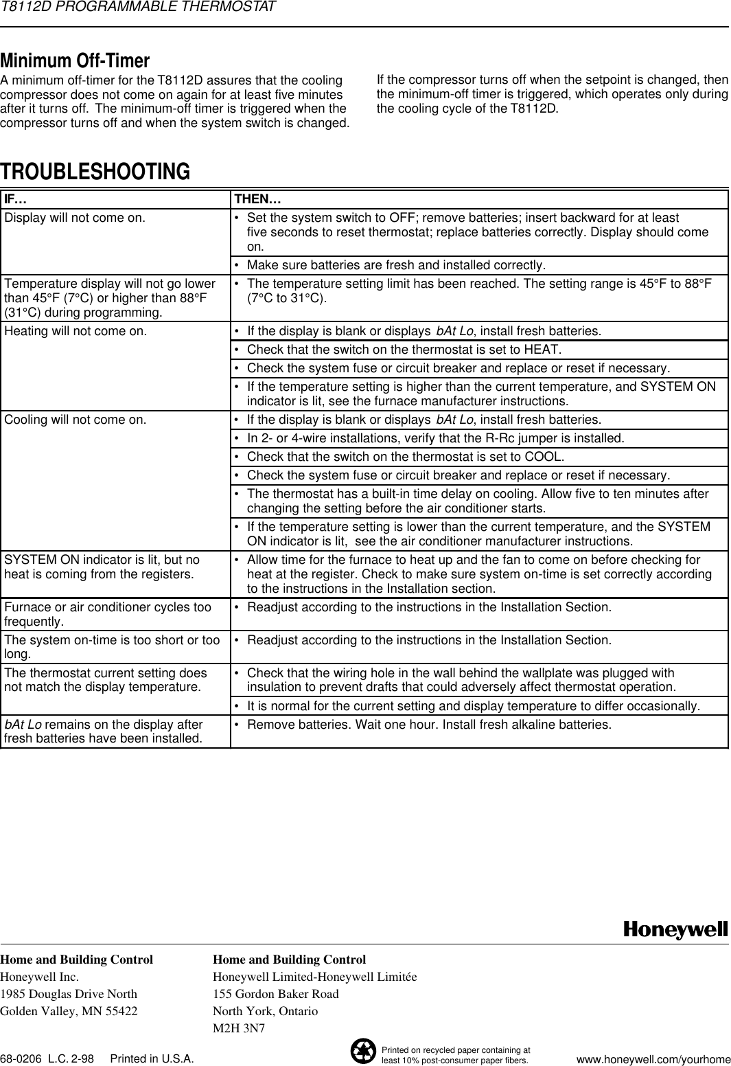 Page 8 of 8 - Honeywell Honeywell-Honeywell-Thermostat-T8112D-Users-Manual- 68-0170 - T8112 Programmable Thermostat  Honeywell-honeywell-thermostat-t8112d-users-manual