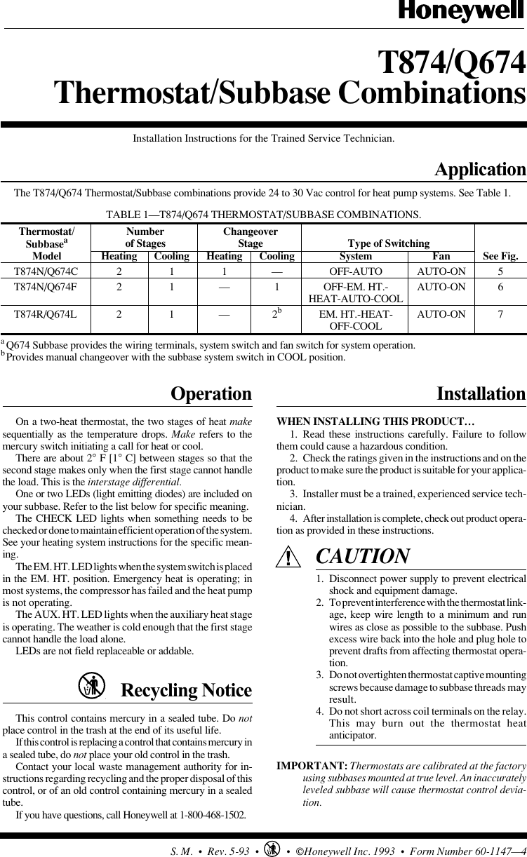 Page 1 of 8 - Honeywell Honeywell-Honeywell-Thermostat-T874-Q674-Users-Manual- 60-1147 - T874/Q674 Thermostat/Subbase Combinations  Honeywell-honeywell-thermostat-t874-q674-users-manual