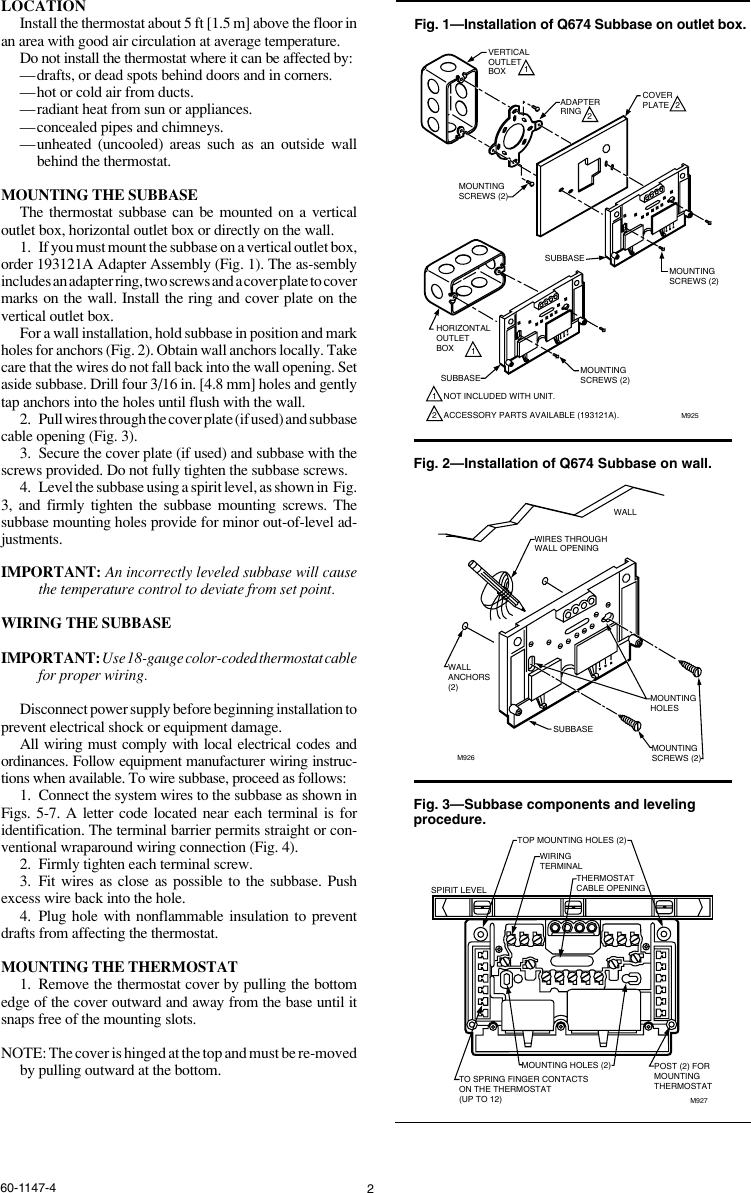 Honeywell Thermostat T874 Q674 Users Manual 60 1147 T874/Q674