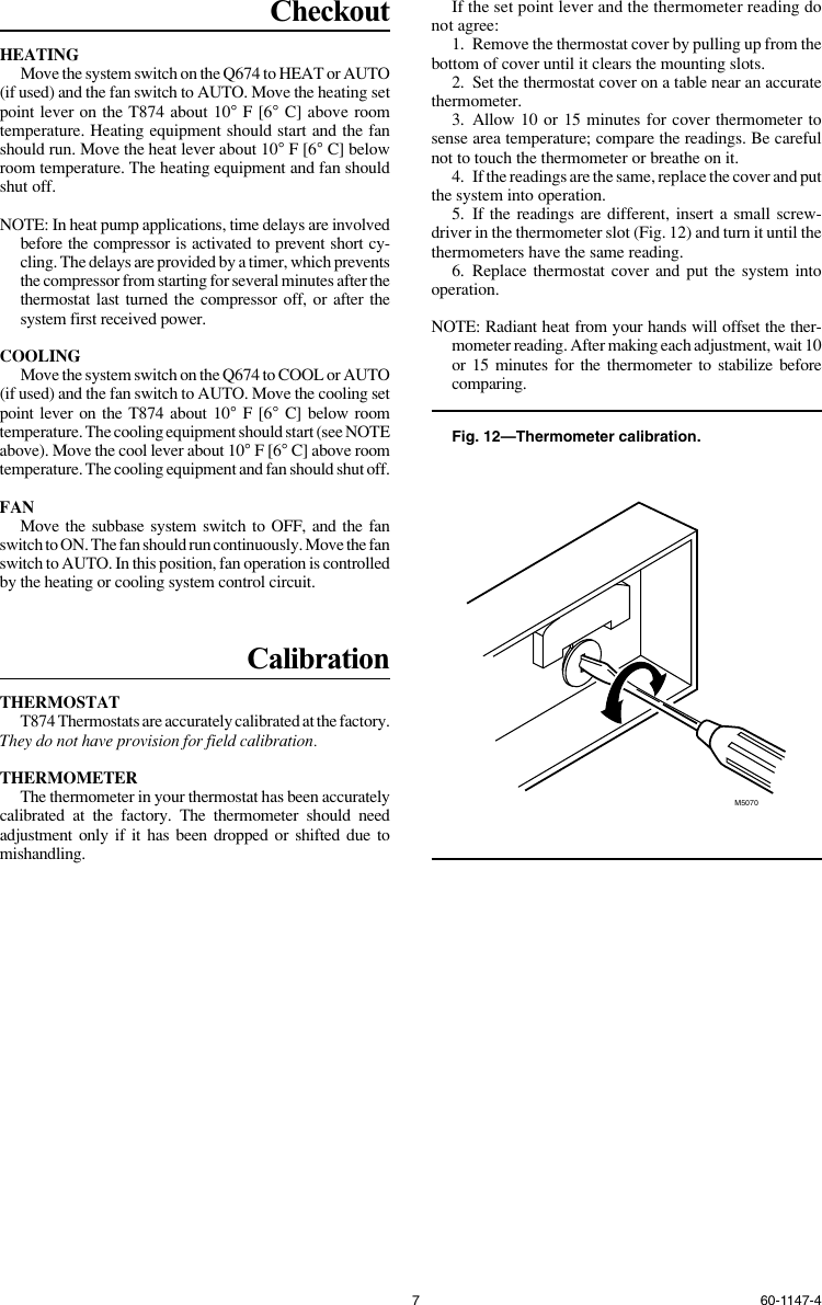 Honeywell Thermostat T874 Q674 Users Manual 60 1147 T874/Q674