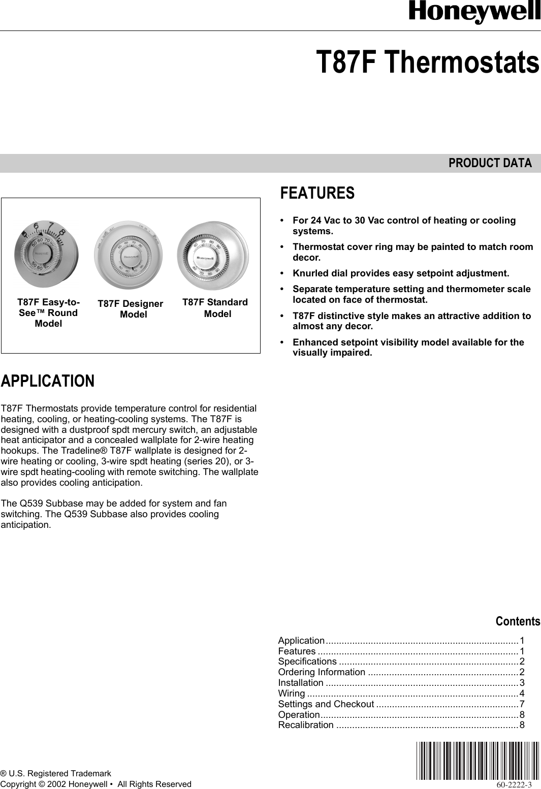 Page 1 of 8 - Honeywell Honeywell-Honeywell-Thermostat-T87F-Users-Manual- 60-2222 - T87F Family  Honeywell-honeywell-thermostat-t87f-users-manual