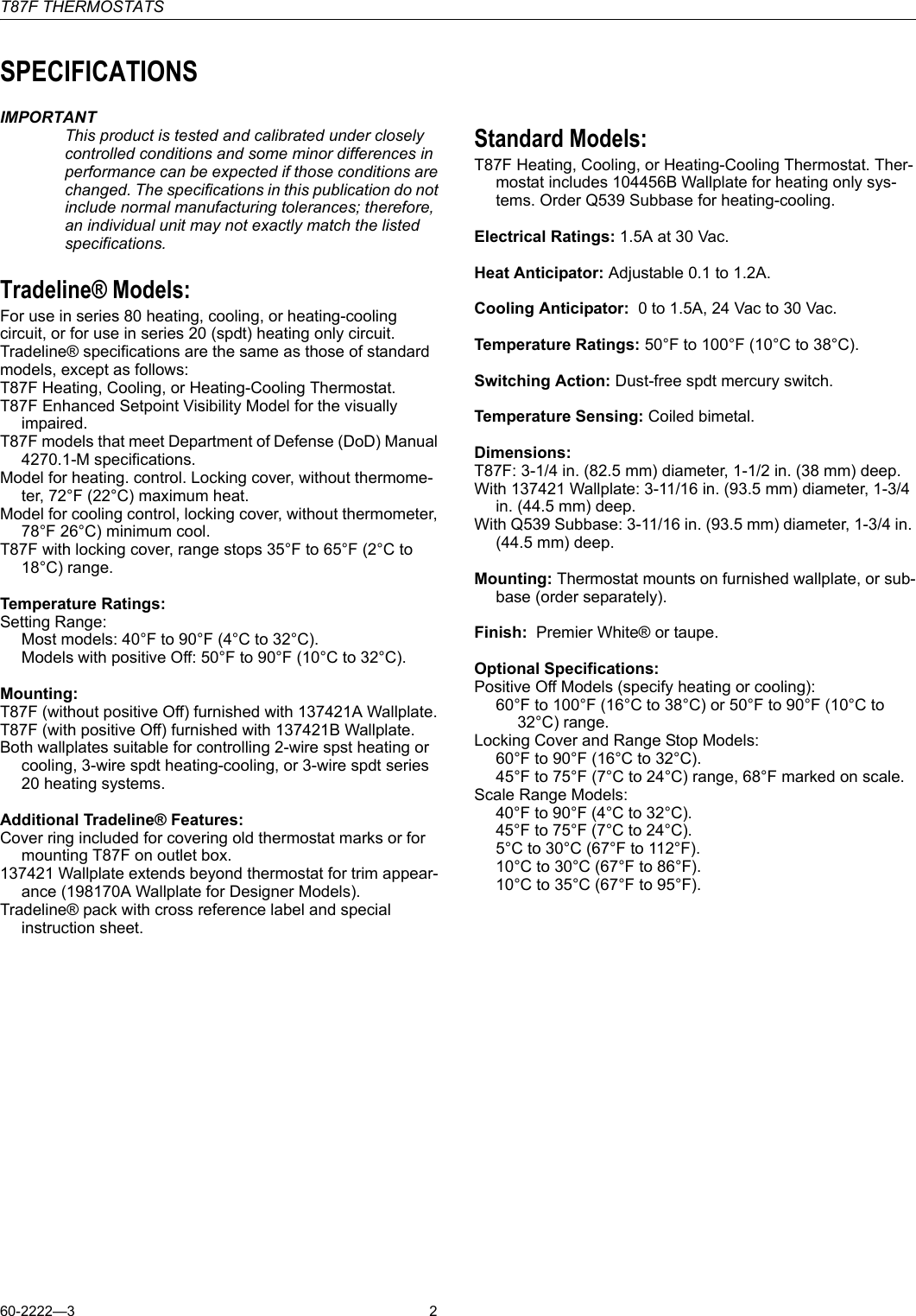 Page 2 of 8 - Honeywell Honeywell-Honeywell-Thermostat-T87F-Users-Manual- 60-2222 - T87F Family  Honeywell-honeywell-thermostat-t87f-users-manual