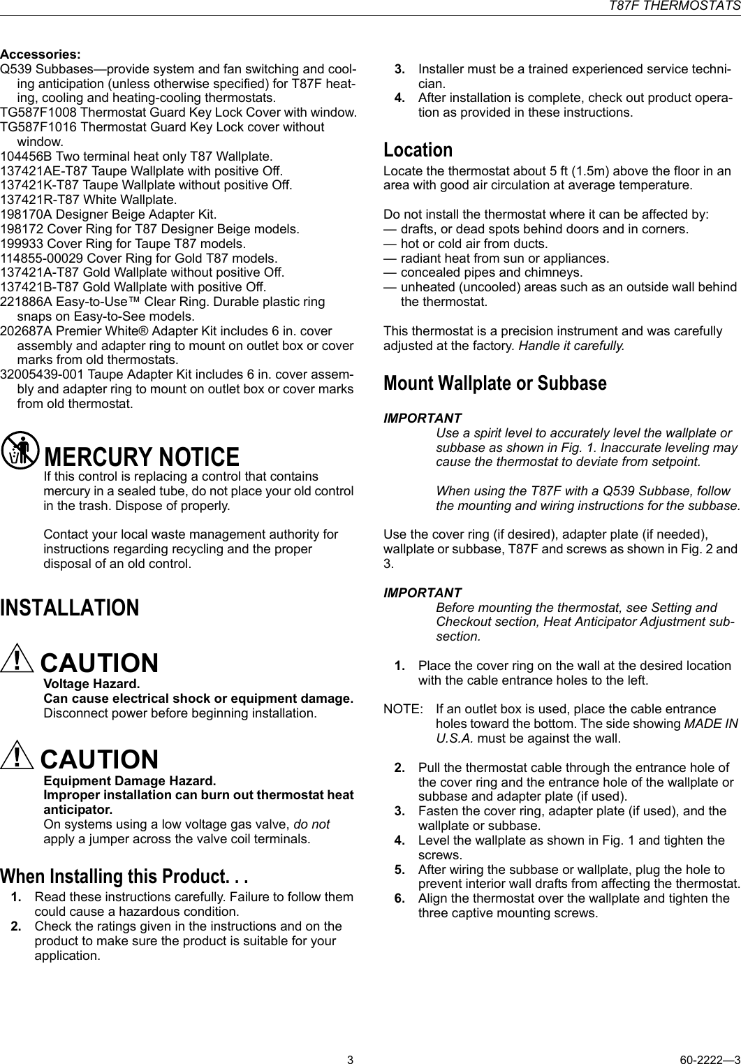 Page 3 of 8 - Honeywell Honeywell-Honeywell-Thermostat-T87F-Users-Manual- 60-2222 - T87F Family  Honeywell-honeywell-thermostat-t87f-users-manual