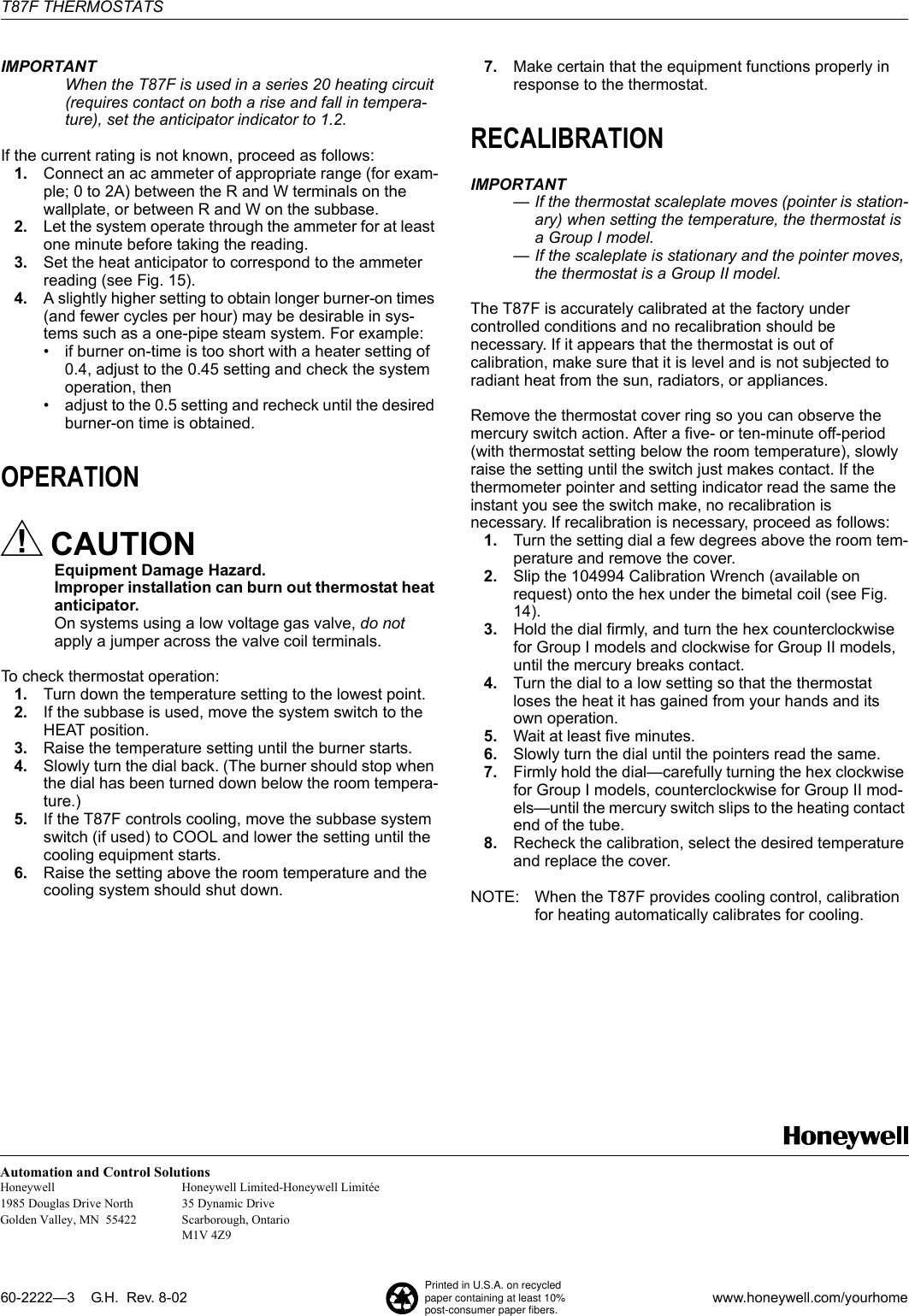 Page 8 of 8 - Honeywell Honeywell-Honeywell-Thermostat-T87F-Users-Manual- 60-2222 - T87F Family  Honeywell-honeywell-thermostat-t87f-users-manual