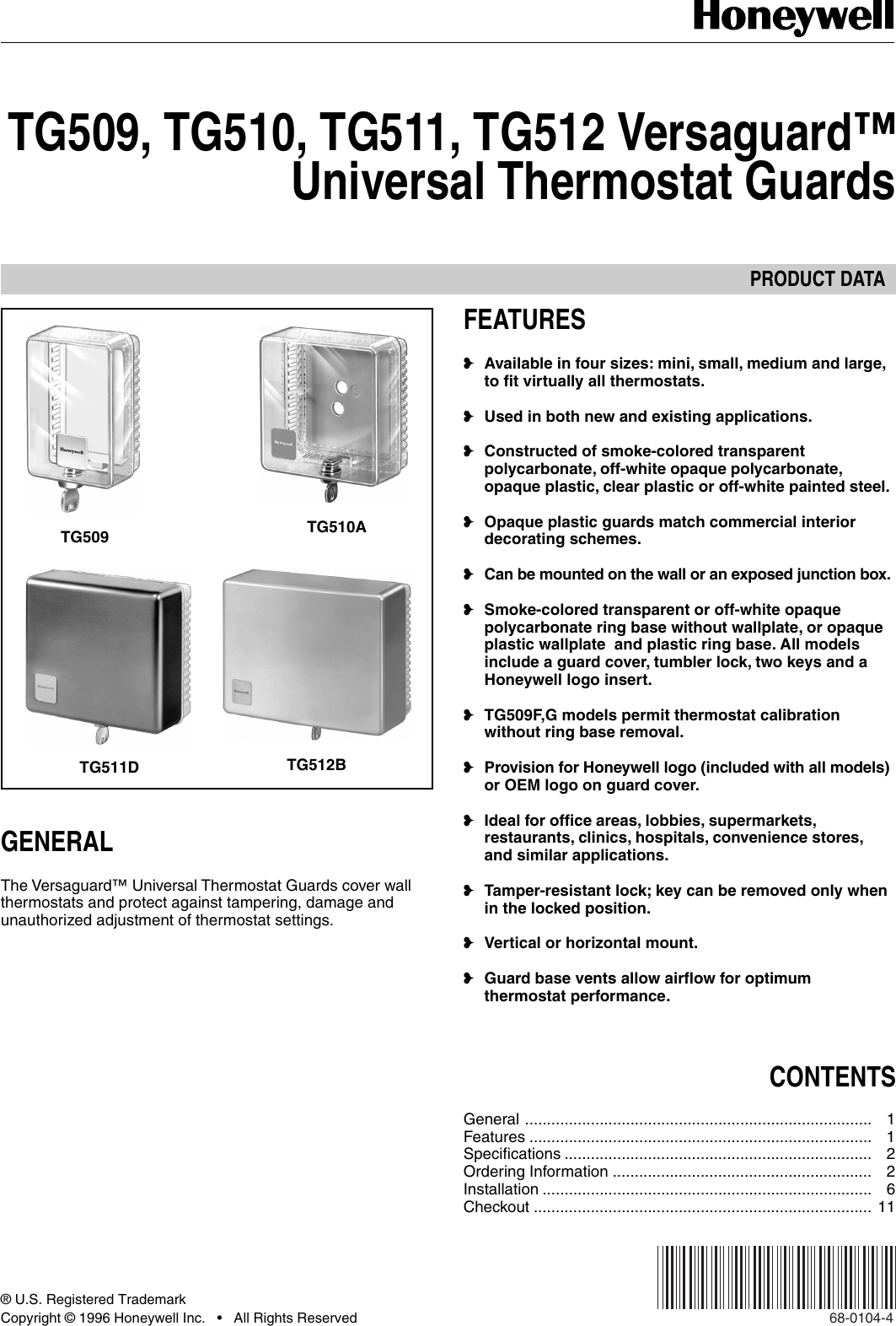 Page 1 of 12 - Honeywell Honeywell-Honeywell-Thermostat-Tg509-Users-Manual- 68-0104 - TG509, TG510, TG511, TG512 Versaguard™ Universal Thermostat Guards  Honeywell-honeywell-thermostat-tg509-users-manual
