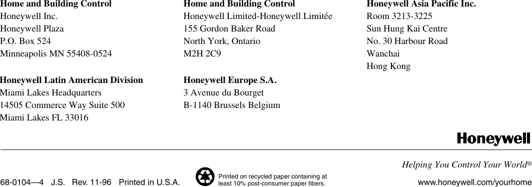 Page 12 of 12 - Honeywell Honeywell-Honeywell-Thermostat-Tg509-Users-Manual- 68-0104 - TG509, TG510, TG511, TG512 Versaguard™ Universal Thermostat Guards  Honeywell-honeywell-thermostat-tg509-users-manual