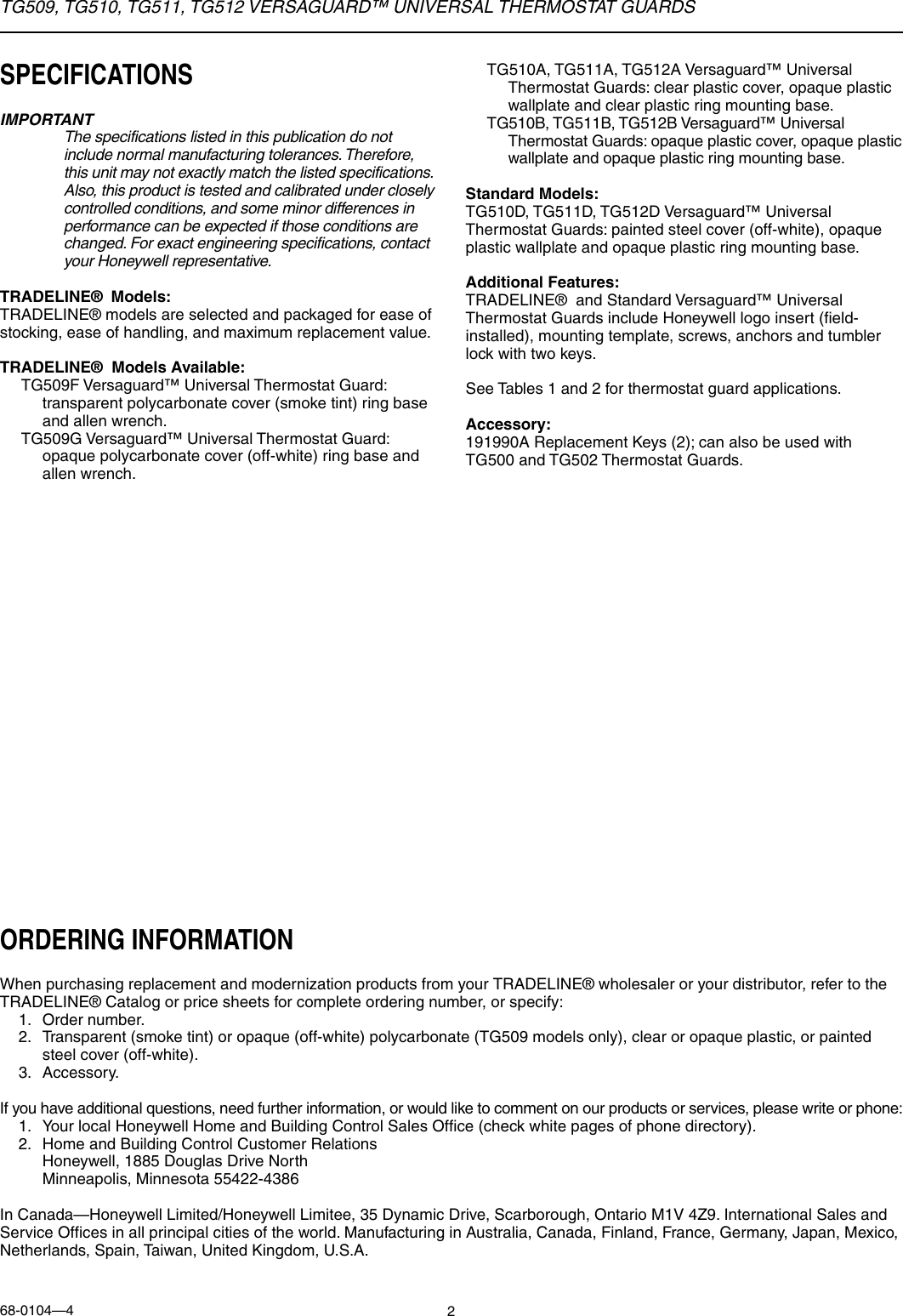 Page 2 of 12 - Honeywell Honeywell-Honeywell-Thermostat-Tg509-Users-Manual- 68-0104 - TG509, TG510, TG511, TG512 Versaguard™ Universal Thermostat Guards  Honeywell-honeywell-thermostat-tg509-users-manual