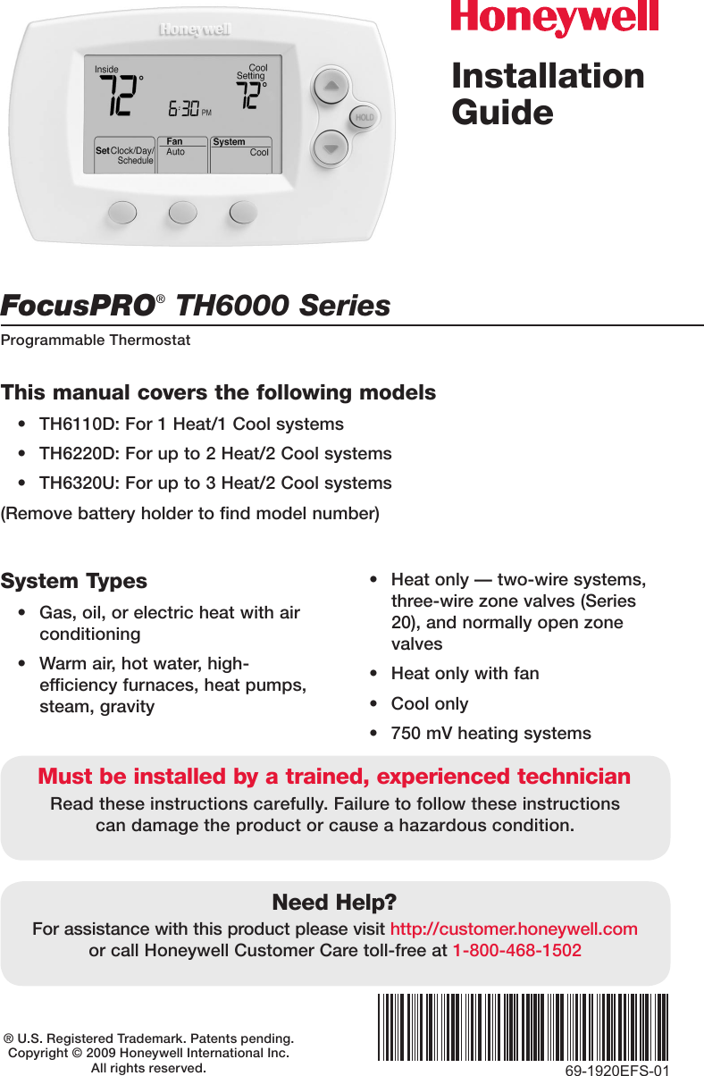 Honeywell Focuspro Th6000 Series User Manual