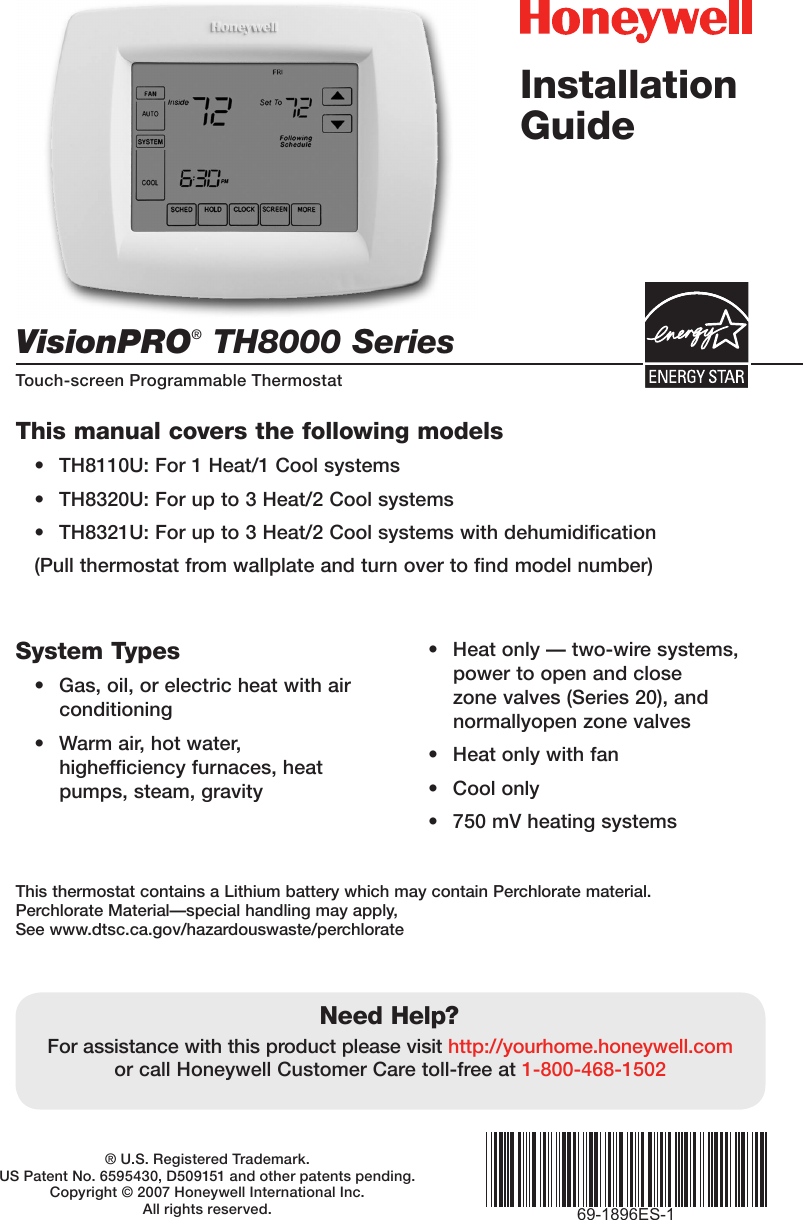 Honeywell Thermostat Th8000 Users Manual 69 1896ES 1 VisionPRO® Series