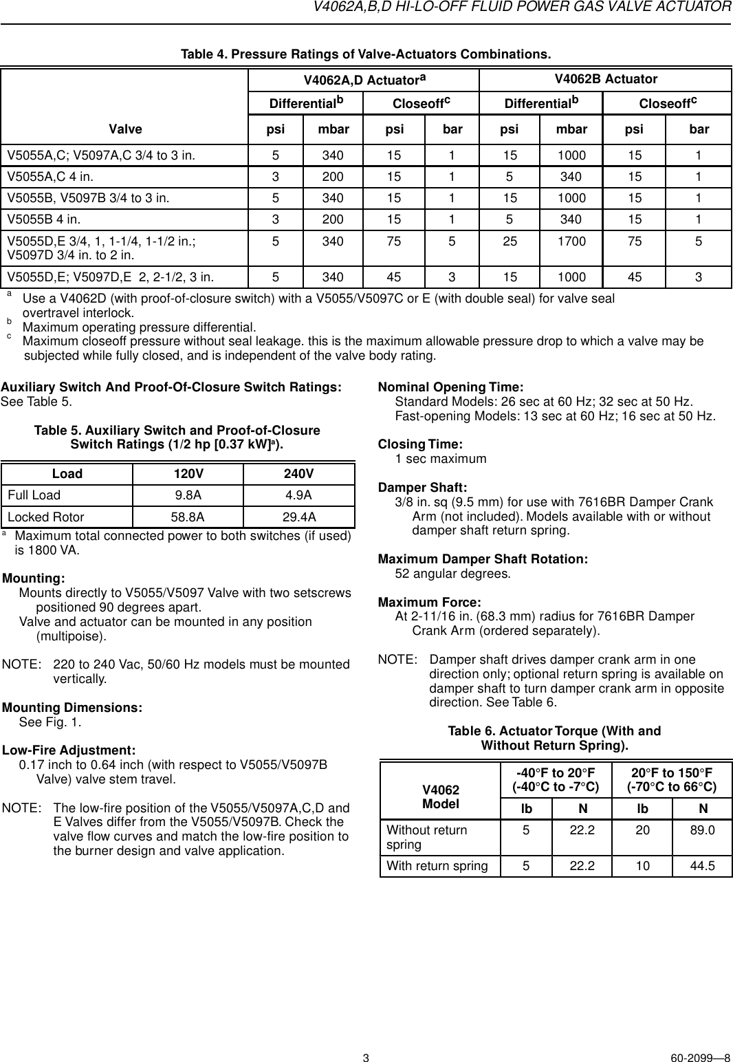 Page 3 of 8 - Honeywell Honeywell-Honeywell-Thermostat-V4062B-Users-Manual- 60-2099 - V4062A,B,D Hi-Lo-Off Fluid Power Gas Valve Actuator  Honeywell-honeywell-thermostat-v4062b-users-manual