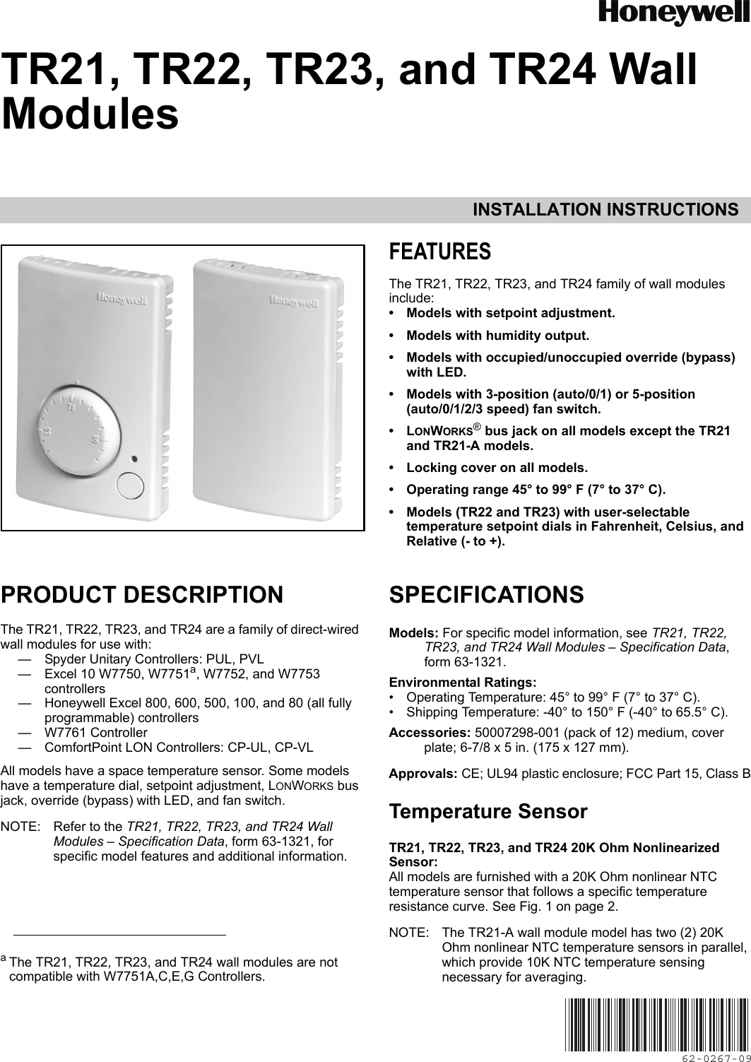 Page 1 of 8 - Honeywell Honeywell-Honeywell-Tv-Mount-Tr21-Users-Manual- 62-0267_E TR21, TR22, TR23, And TR24 Wall Modules  Honeywell-honeywell-tv-mount-tr21-users-manual