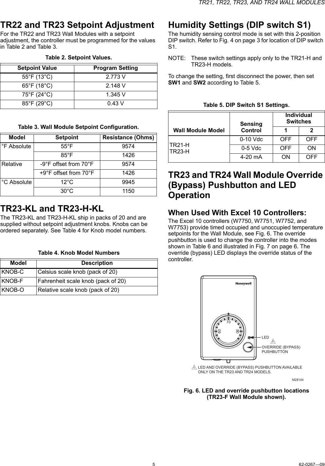 Page 5 of 8 - Honeywell Honeywell-Honeywell-Tv-Mount-Tr21-Users-Manual- 62-0267_E TR21, TR22, TR23, And TR24 Wall Modules  Honeywell-honeywell-tv-mount-tr21-users-manual