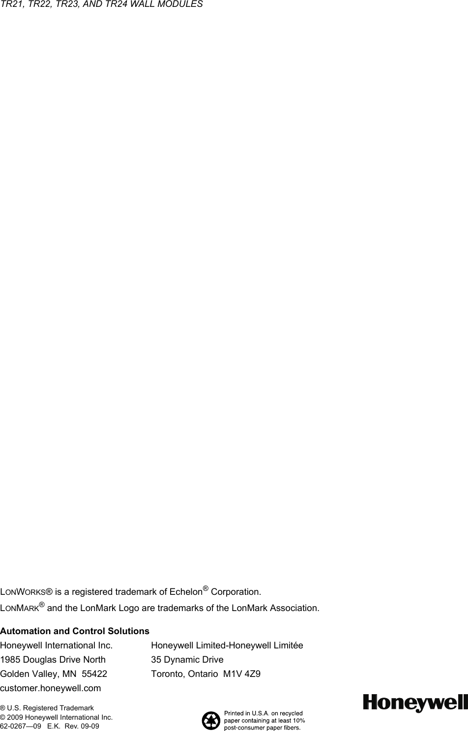 Page 8 of 8 - Honeywell Honeywell-Honeywell-Tv-Mount-Tr21-Users-Manual- 62-0267_E TR21, TR22, TR23, And TR24 Wall Modules  Honeywell-honeywell-tv-mount-tr21-users-manual