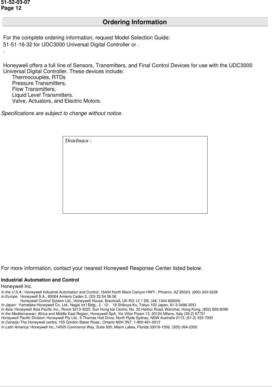 Page 12 of 12 - Honeywell Honeywell-Honeywell-Universal-Remote-Dc300K-E-Users-Manual-  Honeywell-honeywell-universal-remote-dc300k-e-users-manual