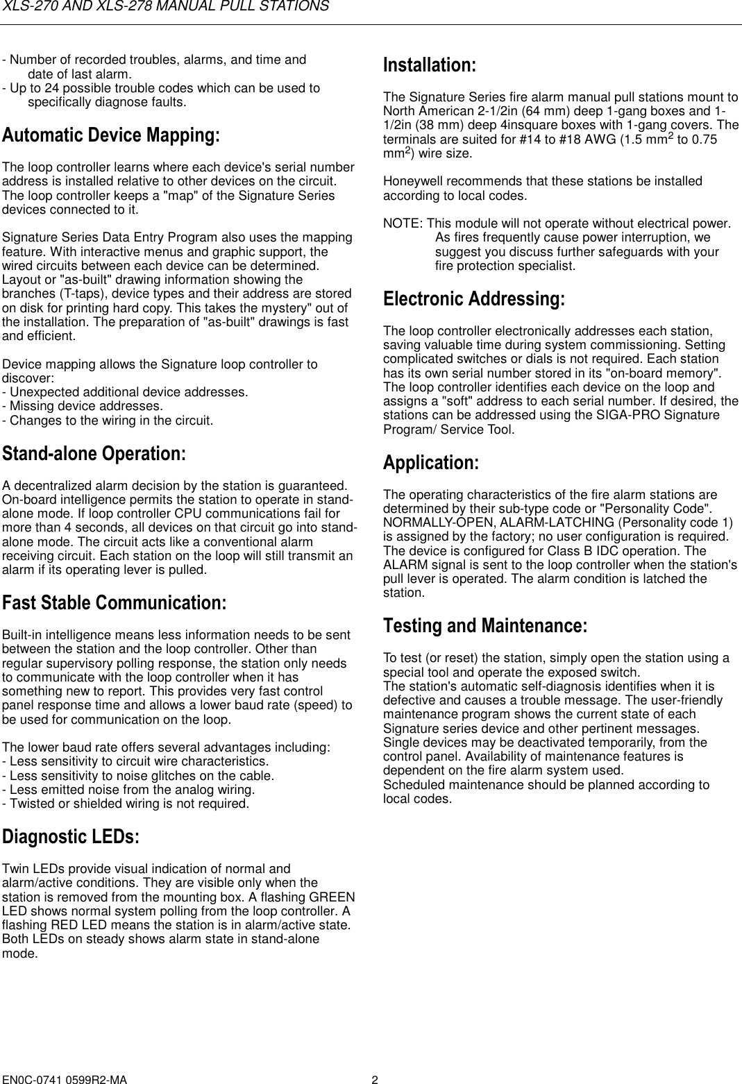 Page 2 of 4 - Honeywell Honeywell-Honeywell-Water-Heater-Xls-278-Users-Manual- 0741- XLS-278 And XLS-270 Manual Pull Stations  Honeywell-honeywell-water-heater-xls-278-users-manual