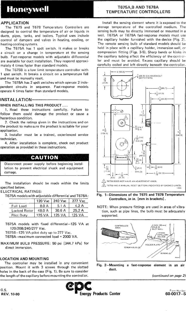 Page 1 of 4 - Honeywell Honeywell-Honeywell-Weather-Radio-T675A-Users-Manual- 60-0017 T675A,B And T678A Temperature Controllers  Honeywell-honeywell-weather-radio-t675a-users-manual