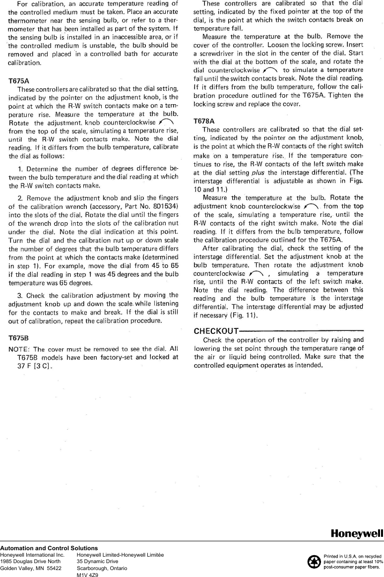 Page 4 of 4 - Honeywell Honeywell-Honeywell-Weather-Radio-T675A-Users-Manual- 60-0017 T675A,B And T678A Temperature Controllers  Honeywell-honeywell-weather-radio-t675a-users-manual