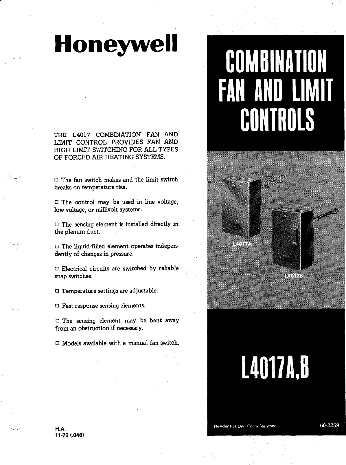 Page 1 of 5 - Honeywell Honeywell-L4017-Users-Manual- 60-2259 - L4017A, B Combination Fan And Limit Controls  Honeywell-l4017-users-manual