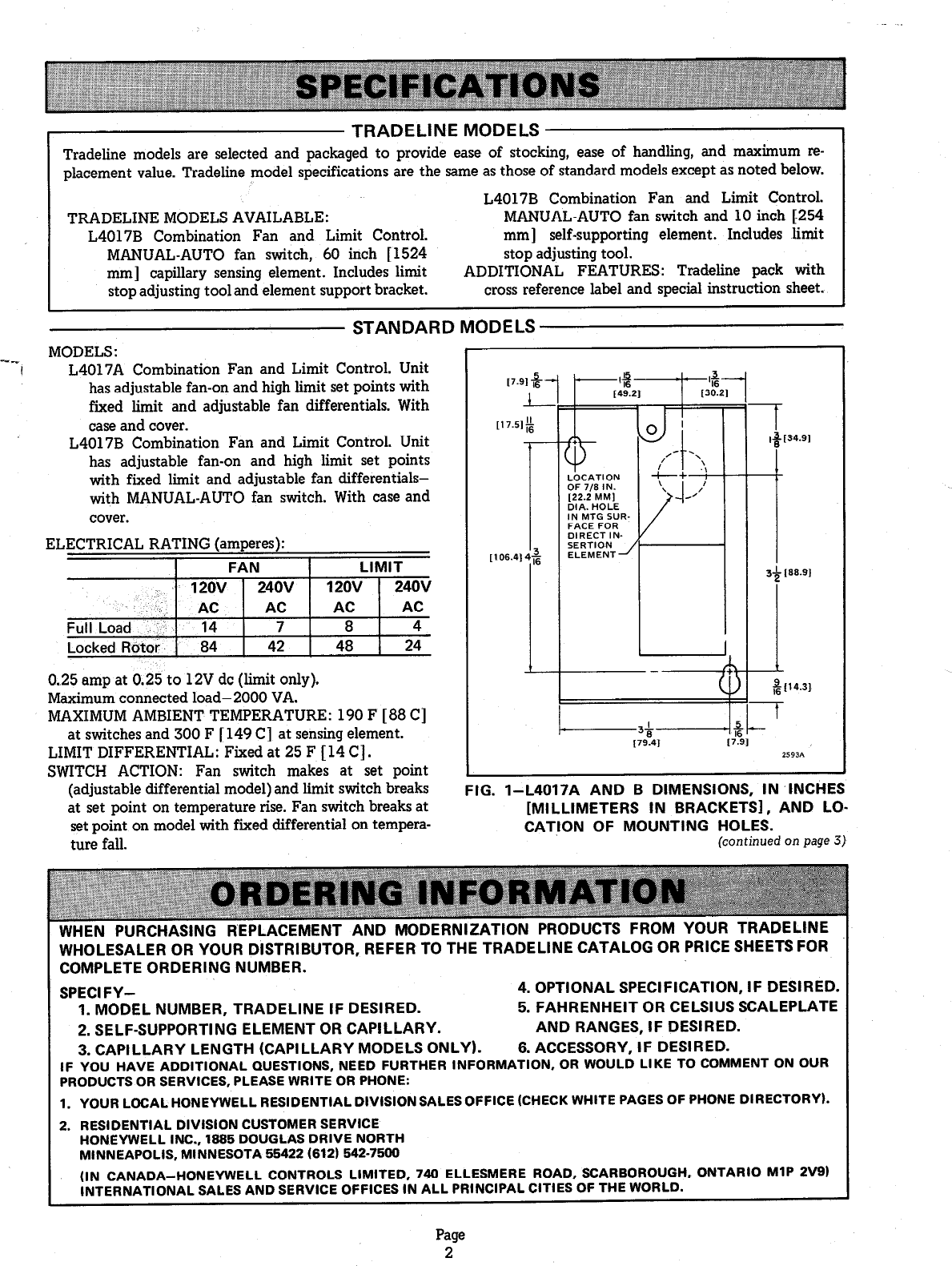 Page 2 of 5 - Honeywell Honeywell-L4017-Users-Manual- 60-2259 - L4017A, B Combination Fan And Limit Controls  Honeywell-l4017-users-manual