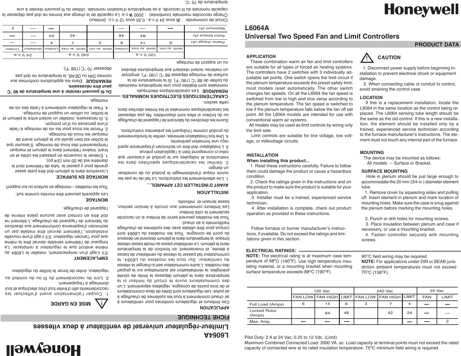 Page 1 of 8 - Honeywell Honeywell-L6064A-Users-Manual- L6064 Universal Two Speed Fan And Limit Controllers  Honeywell-l6064a-users-manual