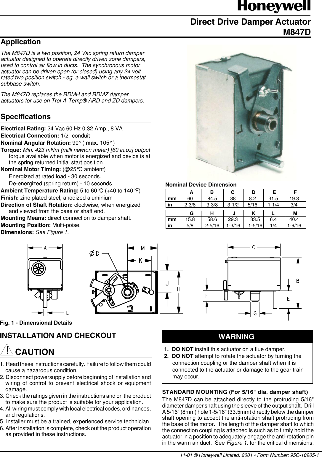 Page 1 of 2 - Honeywell Honeywell-M847D-Users-Manual- 95C-10905 - M847D Direct Drive Damper Actuator  Honeywell-m847d-users-manual