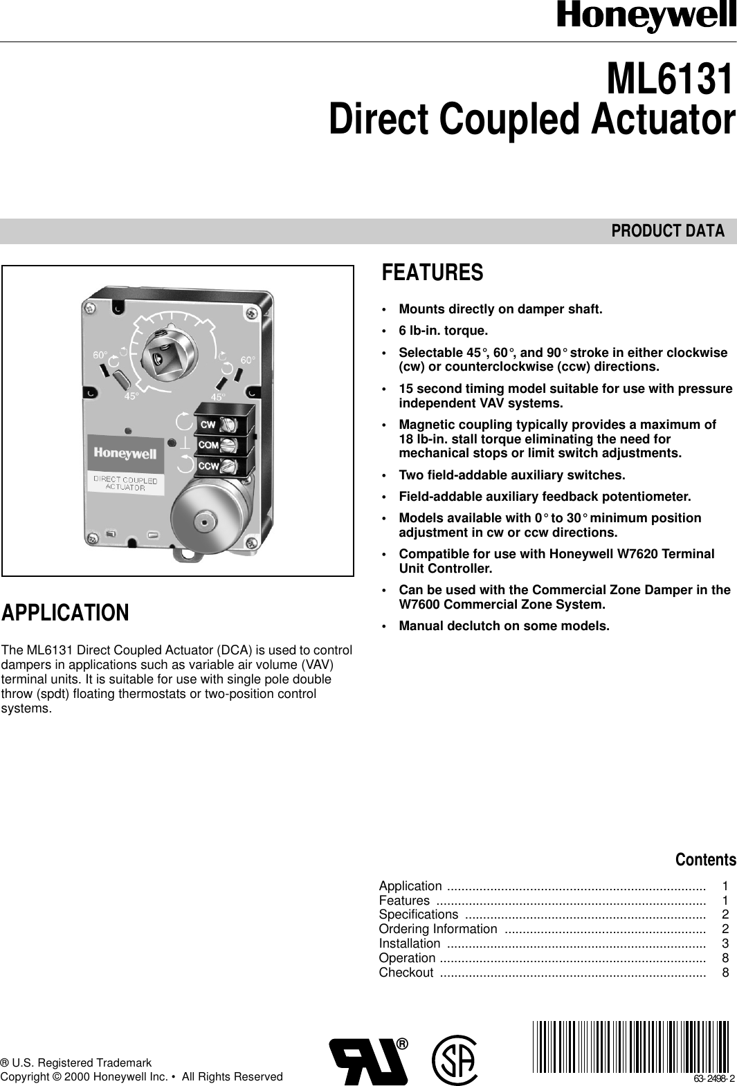 Page 1 of 8 - Honeywell Honeywell-Ml6131-Users-Manual- 63-2498, ML6131 DIRECT COUPLED ACTUATOR  Honeywell-ml6131-users-manual