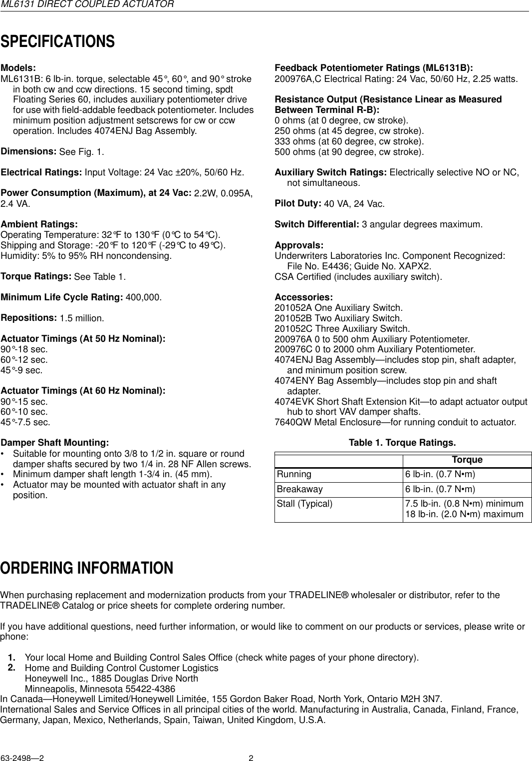 Page 2 of 8 - Honeywell Honeywell-Ml6131-Users-Manual- 63-2498, ML6131 DIRECT COUPLED ACTUATOR  Honeywell-ml6131-users-manual