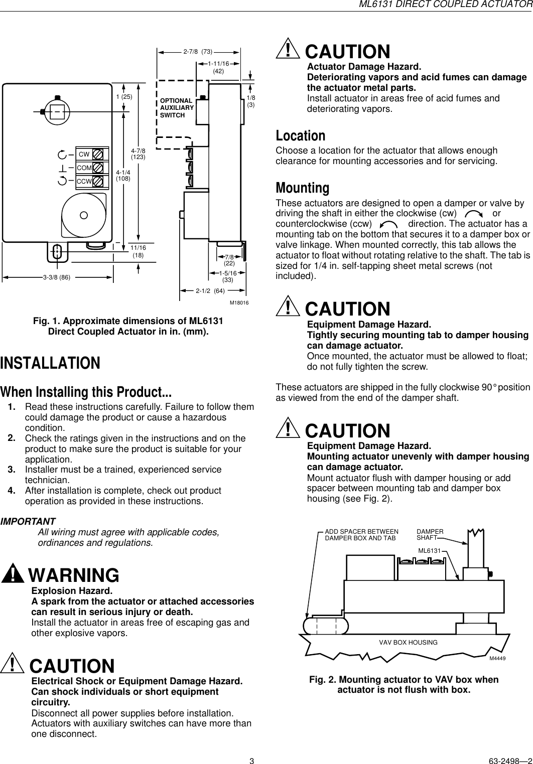 Page 3 of 8 - Honeywell Honeywell-Ml6131-Users-Manual- 63-2498, ML6131 DIRECT COUPLED ACTUATOR  Honeywell-ml6131-users-manual
