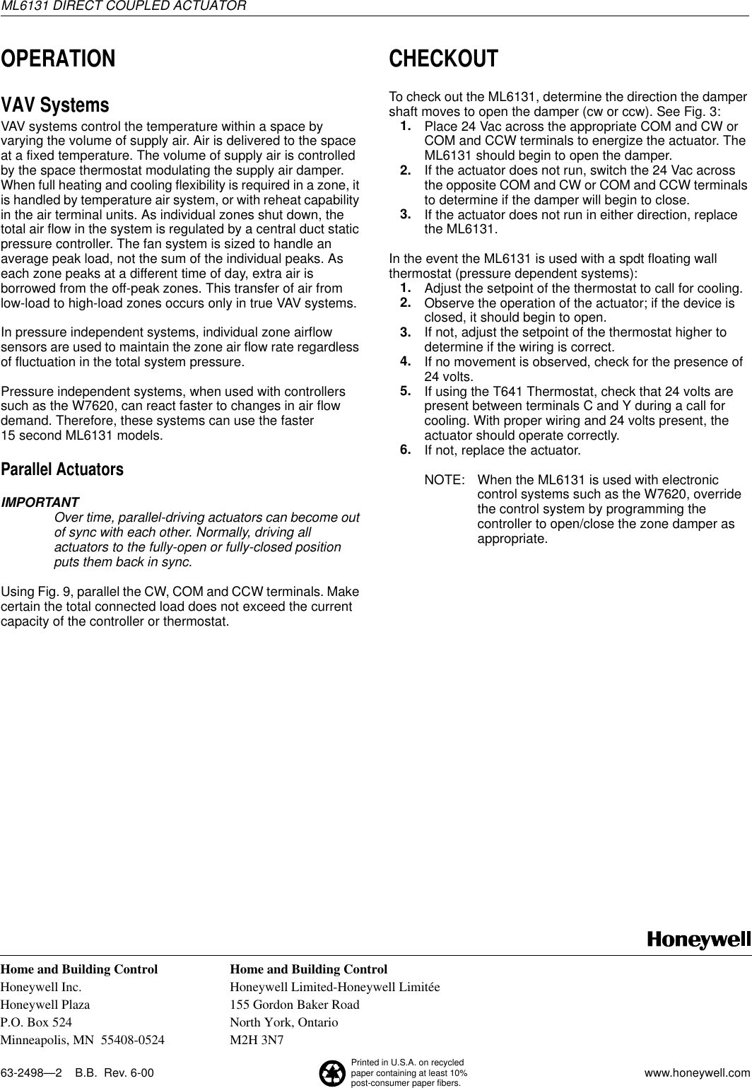 Page 8 of 8 - Honeywell Honeywell-Ml6131-Users-Manual- 63-2498, ML6131 DIRECT COUPLED ACTUATOR  Honeywell-ml6131-users-manual