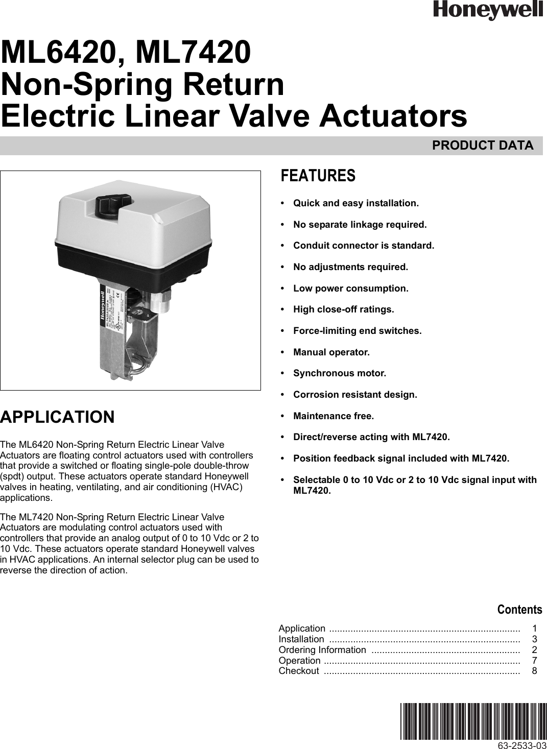 Page 1 of 8 - Honeywell Honeywell-Ml6420-Users-Manual- 63-2533—03 - ML6420, ML7420 Non-Spring Return Electric Linear Valve Actuators  Honeywell-ml6420-users-manual