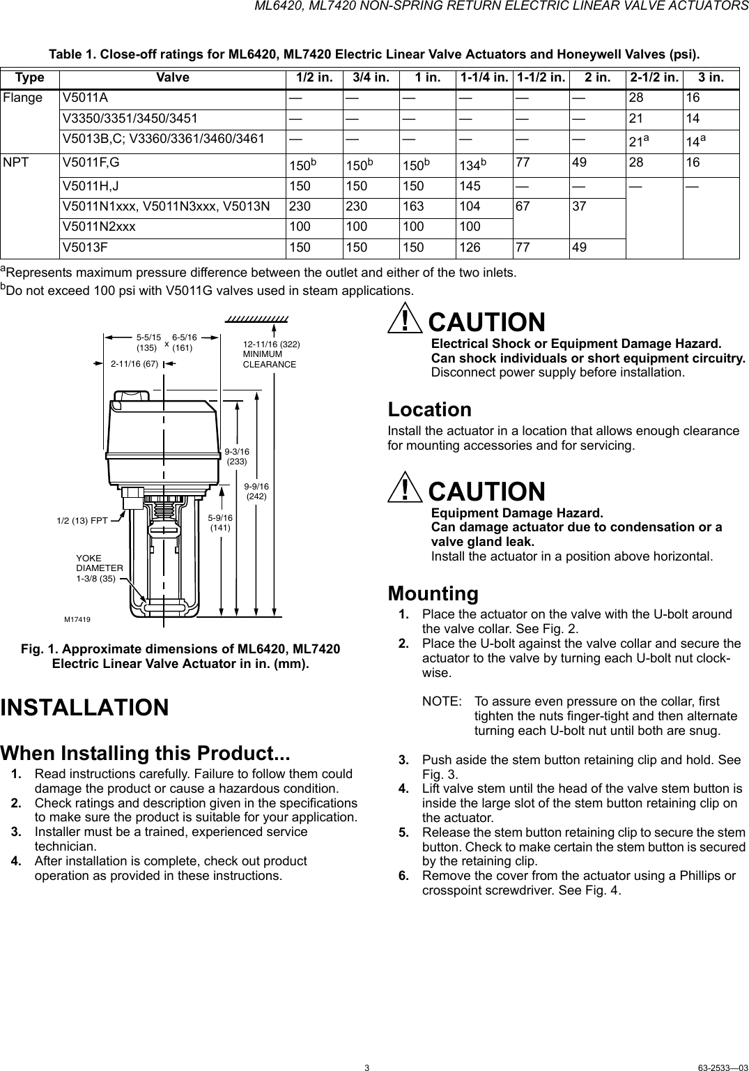 Page 3 of 8 - Honeywell Honeywell-Ml6420-Users-Manual- 63-2533—03 - ML6420, ML7420 Non-Spring Return Electric Linear Valve Actuators  Honeywell-ml6420-users-manual