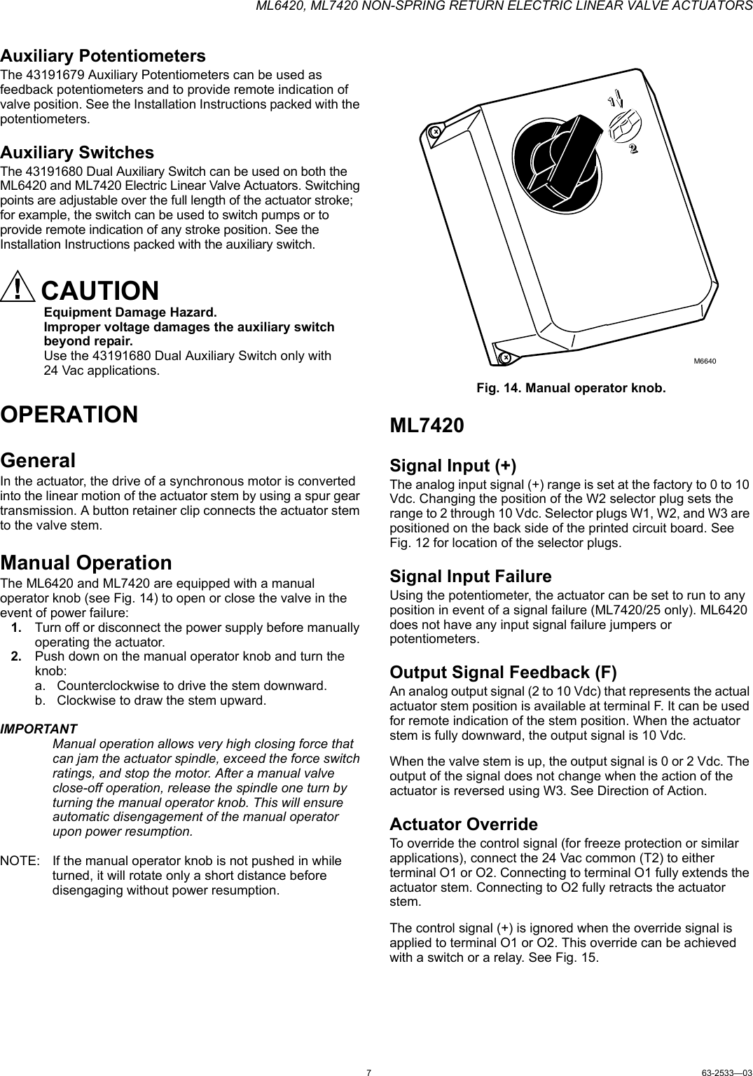 Page 7 of 8 - Honeywell Honeywell-Ml6420-Users-Manual- 63-2533—03 - ML6420, ML7420 Non-Spring Return Electric Linear Valve Actuators  Honeywell-ml6420-users-manual