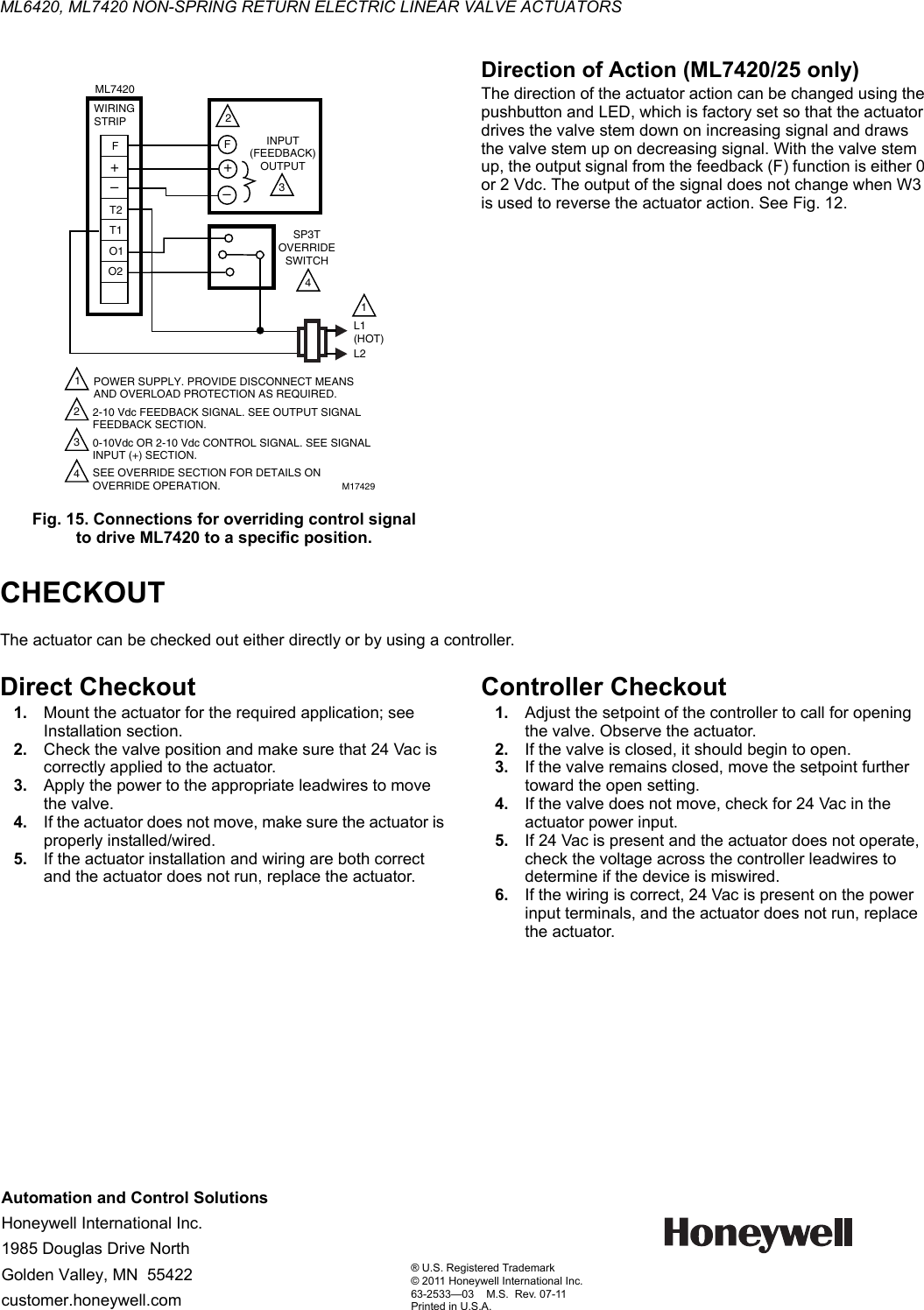 Page 8 of 8 - Honeywell Honeywell-Ml6420-Users-Manual- 63-2533—03 - ML6420, ML7420 Non-Spring Return Electric Linear Valve Actuators  Honeywell-ml6420-users-manual