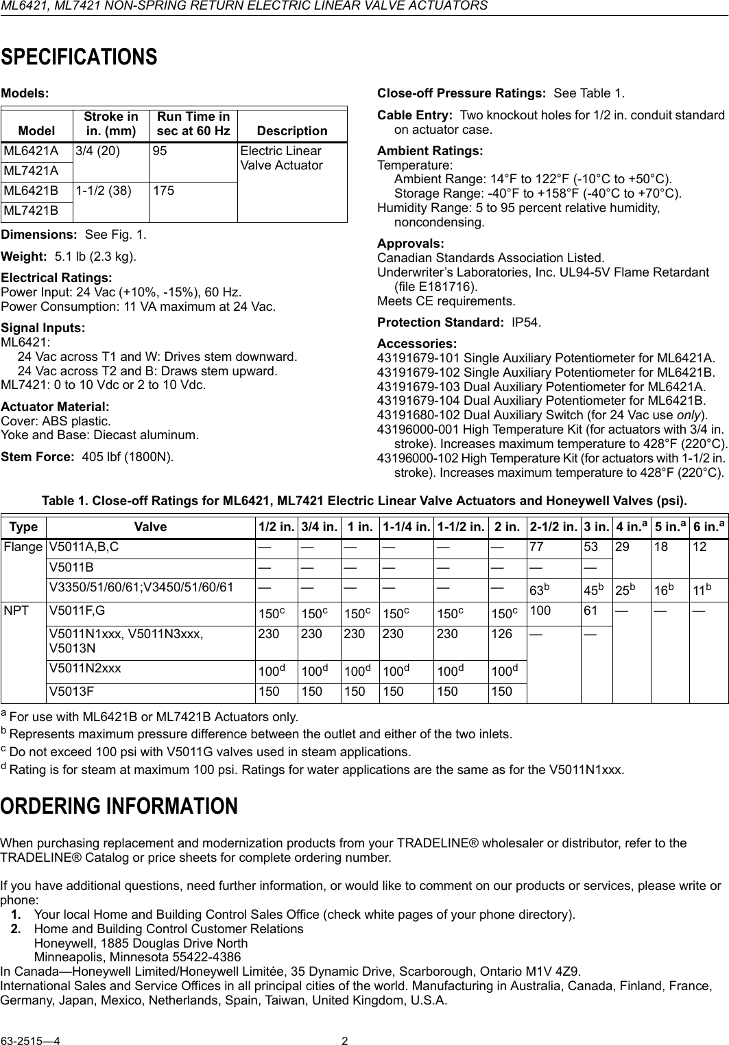 Page 2 of 8 - Honeywell Honeywell-Ml6421-Users-Manual- 63-2515 - ML6421, ML7421 Non-Spring Return Electric Linear Valve Actuators  Honeywell-ml6421-users-manual