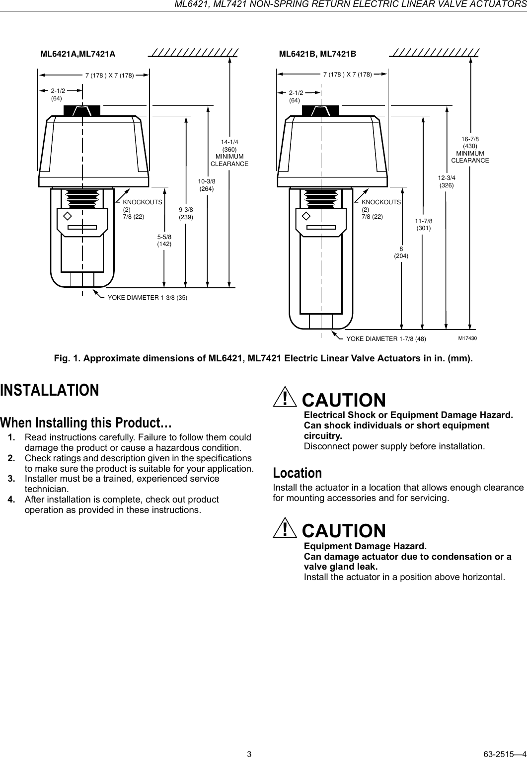 Page 3 of 8 - Honeywell Honeywell-Ml6421-Users-Manual- 63-2515 - ML6421, ML7421 Non-Spring Return Electric Linear Valve Actuators  Honeywell-ml6421-users-manual