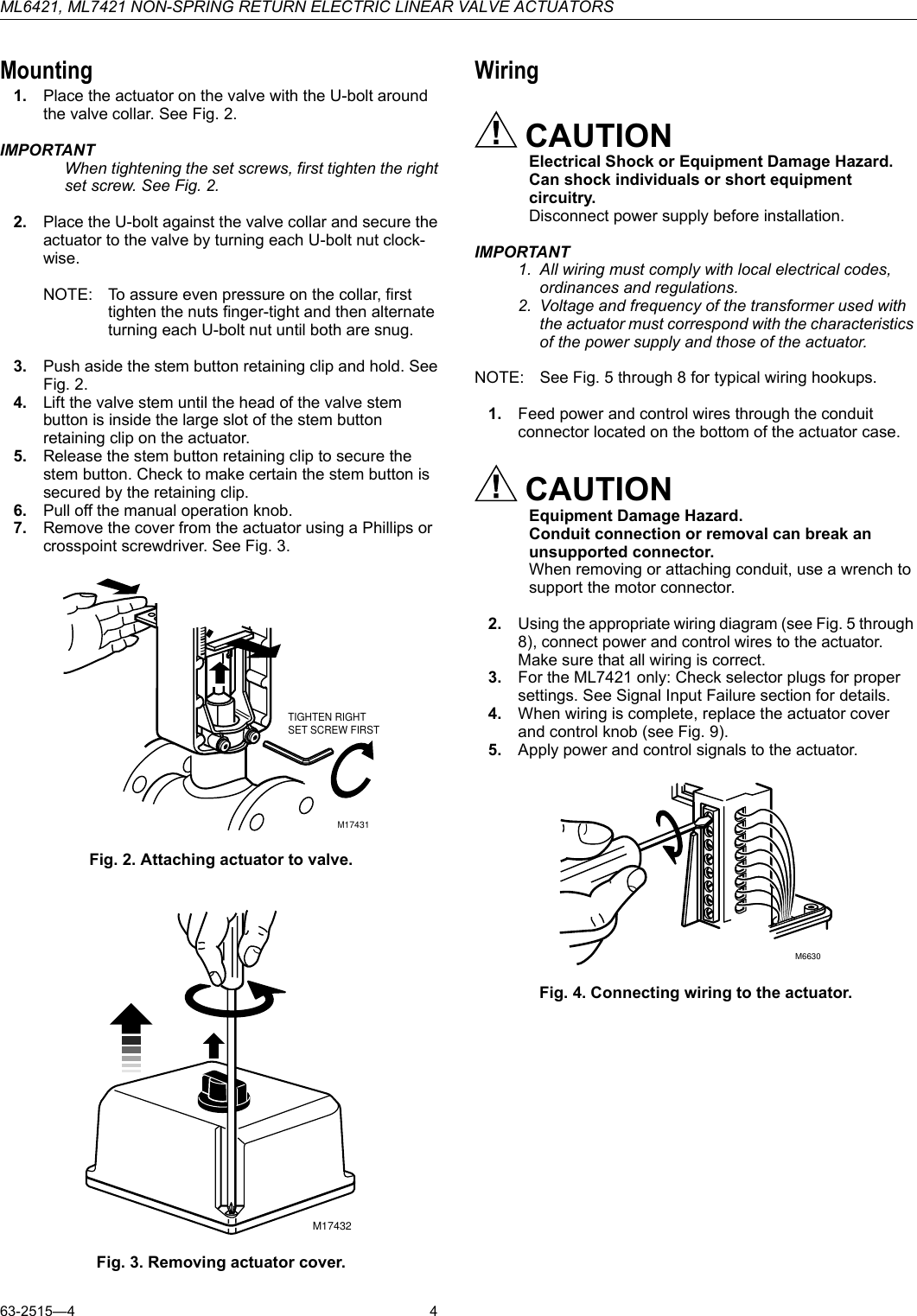 Page 4 of 8 - Honeywell Honeywell-Ml6421-Users-Manual- 63-2515 - ML6421, ML7421 Non-Spring Return Electric Linear Valve Actuators  Honeywell-ml6421-users-manual