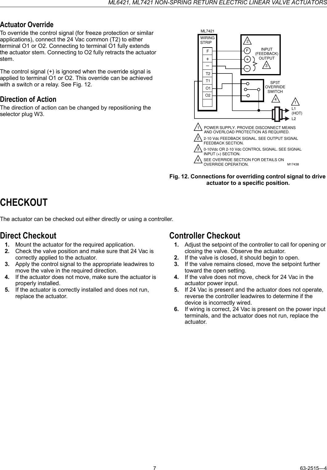 Page 7 of 8 - Honeywell Honeywell-Ml6421-Users-Manual- 63-2515 - ML6421, ML7421 Non-Spring Return Electric Linear Valve Actuators  Honeywell-ml6421-users-manual