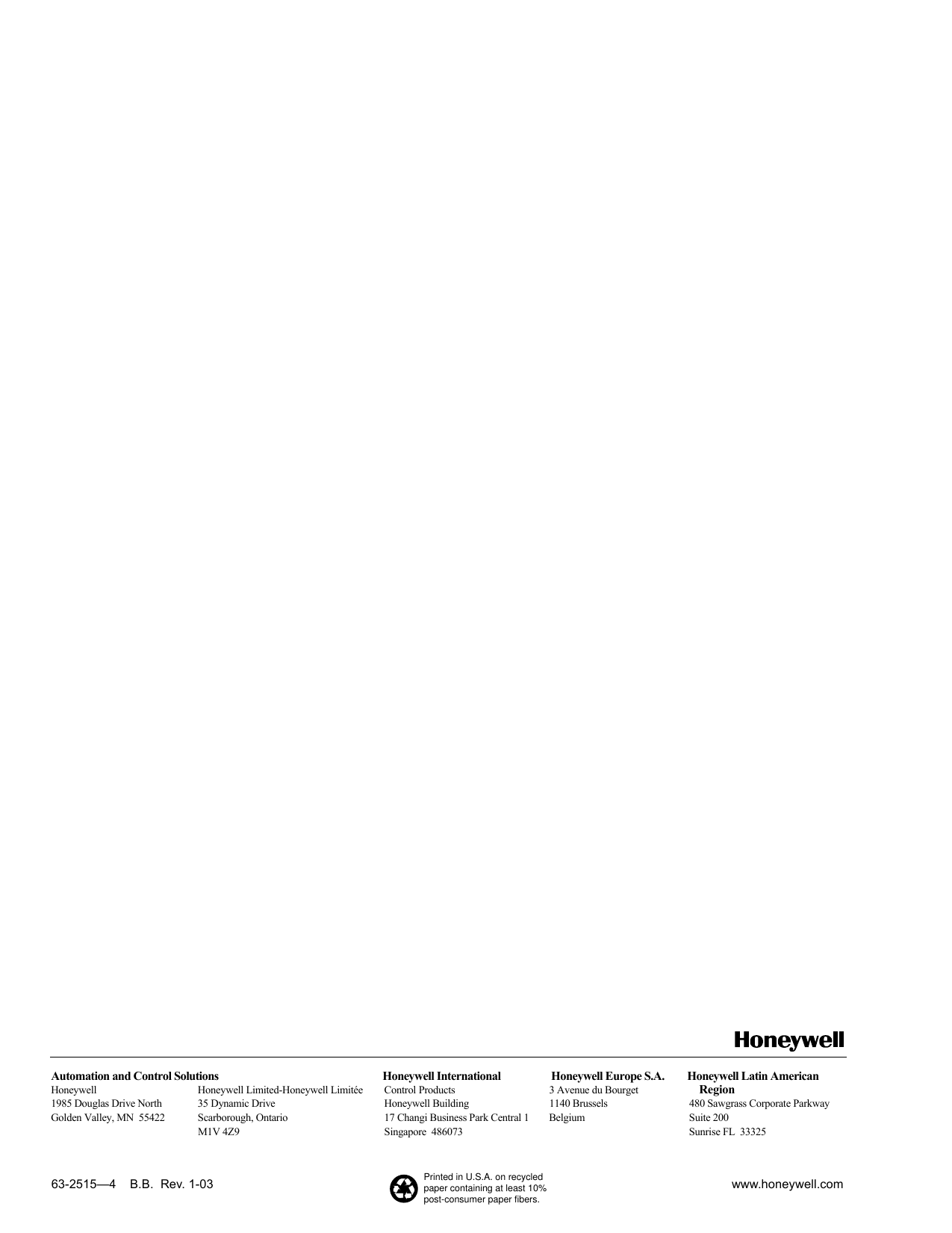 Page 8 of 8 - Honeywell Honeywell-Ml6421-Users-Manual- 63-2515 - ML6421, ML7421 Non-Spring Return Electric Linear Valve Actuators  Honeywell-ml6421-users-manual