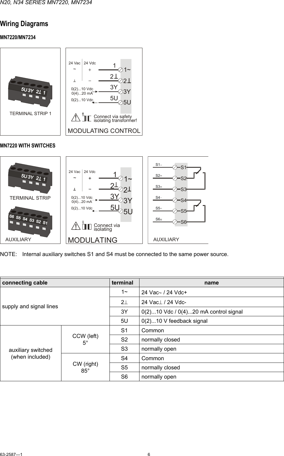 Page 6 of 8 - Honeywell Honeywell-Mn7220-Users-Manual- 63-2587-1 - N20, N34 Series MN7220, MN7234 Non-Spring Return Damper Actuator  Honeywell-mn7220-users-manual
