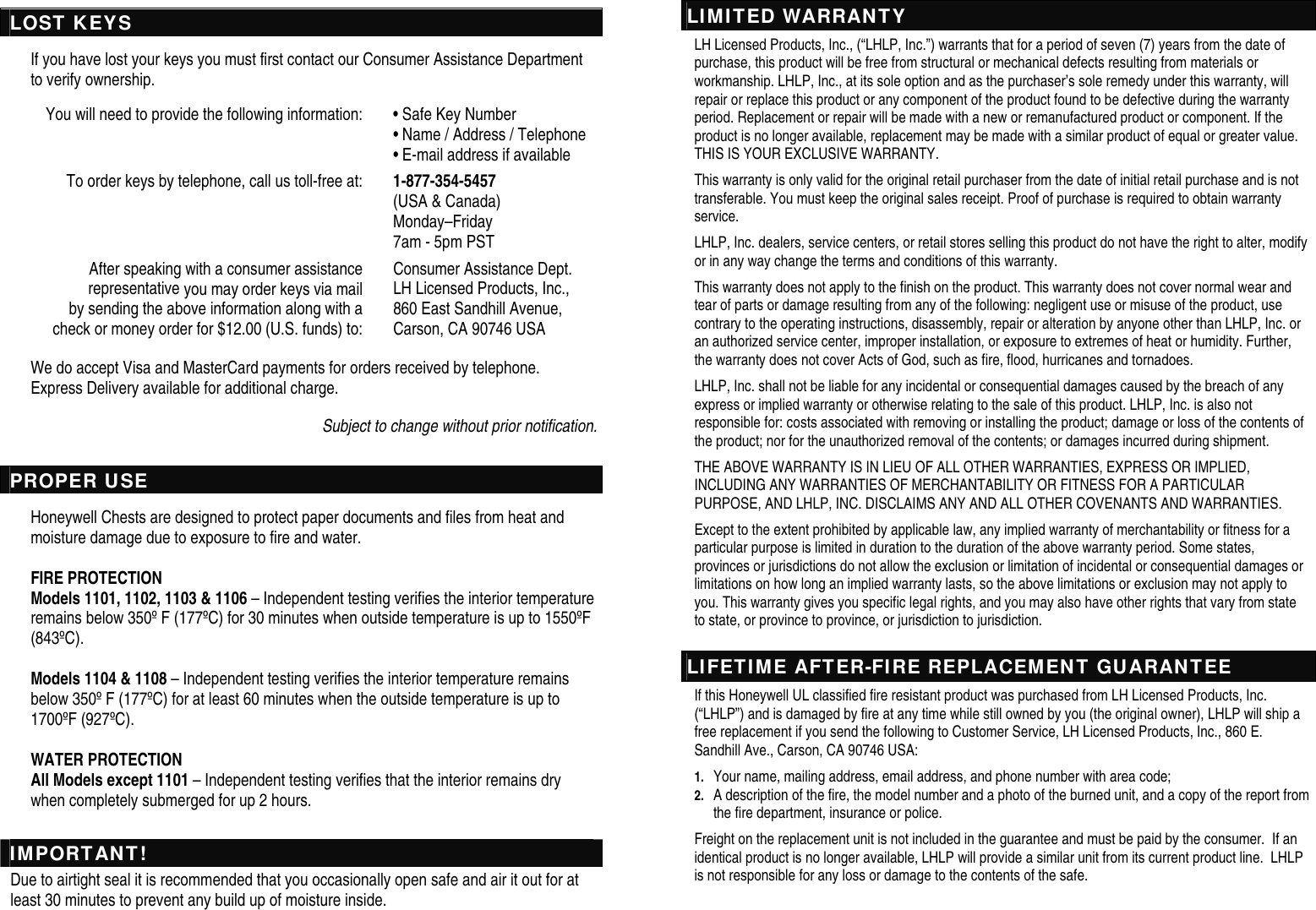 Page 3 of 4 - Honeywell Honeywell-Molded-Fire-Chest-1101-Users-Manual 1101-1108 Safe Owners Manua EnglishOnlyl_v2.0