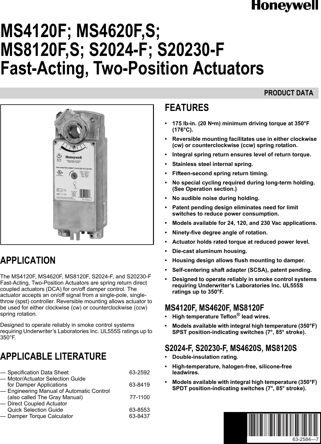 Page 1 of 12 - Honeywell Honeywell-Ms4120F-Users-Manual- 63-2584-7 - MS4120F; MS4620F,S; MS8120F,S; S2024-F; S20230-F Fast-Acting, Two-Position Actuators  Honeywell-ms4120f-users-manual