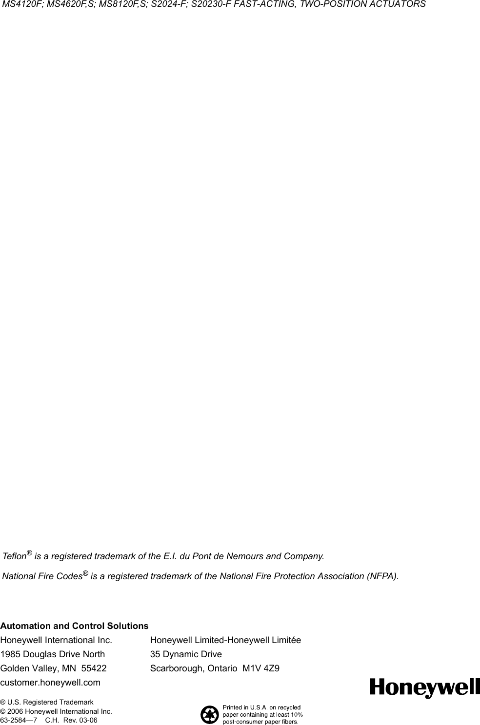 Page 12 of 12 - Honeywell Honeywell-Ms4120F-Users-Manual- 63-2584-7 - MS4120F; MS4620F,S; MS8120F,S; S2024-F; S20230-F Fast-Acting, Two-Position Actuators  Honeywell-ms4120f-users-manual