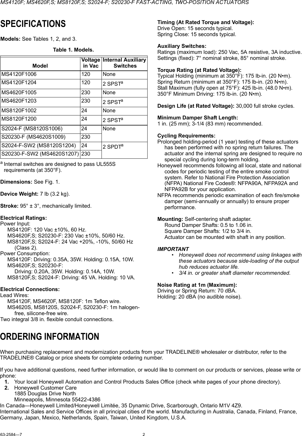 Honeywell Ms4120F Users Manual 63 2584 7 MS4120F; MS4620F,S; MS8120F,S ...