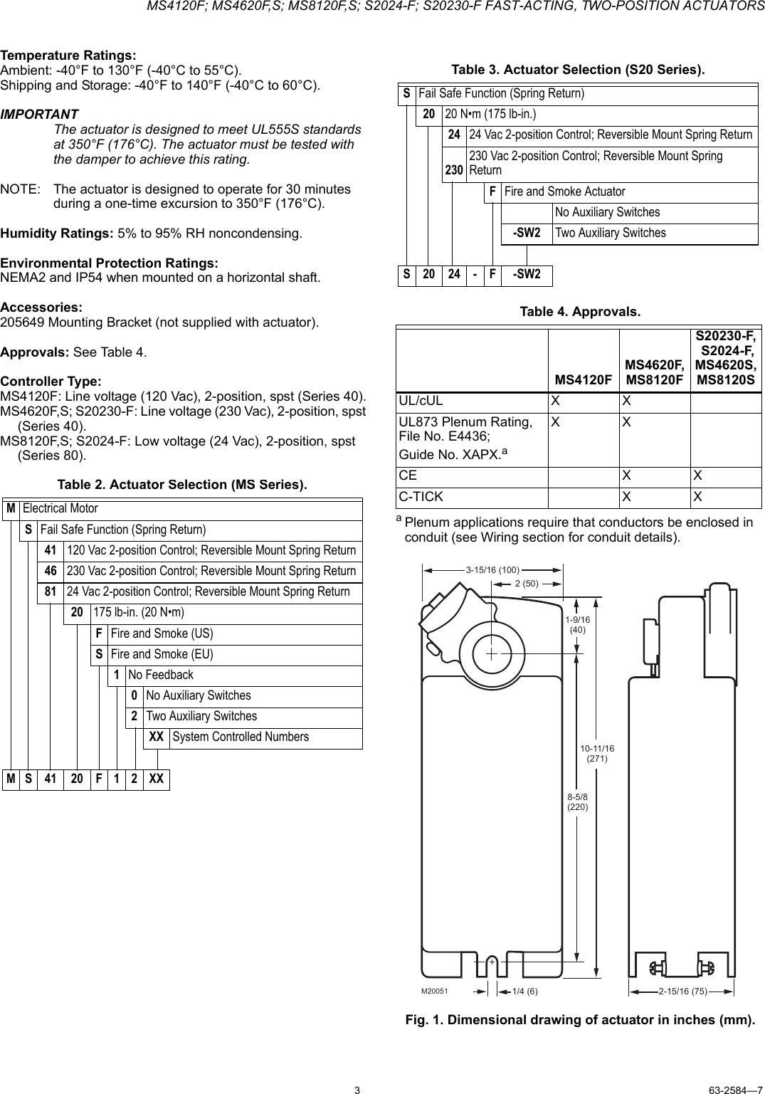 Page 3 of 12 - Honeywell Honeywell-Ms4120F-Users-Manual- 63-2584-7 - MS4120F; MS4620F,S; MS8120F,S; S2024-F; S20230-F Fast-Acting, Two-Position Actuators  Honeywell-ms4120f-users-manual