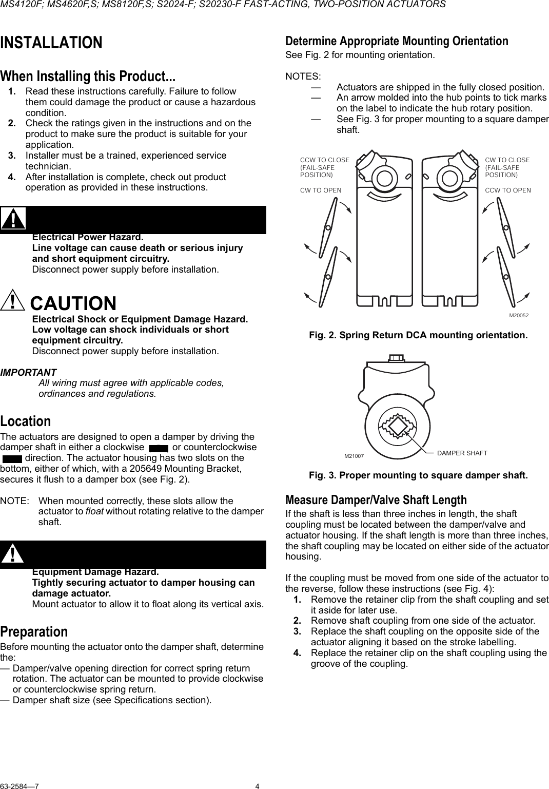 Page 4 of 12 - Honeywell Honeywell-Ms4120F-Users-Manual- 63-2584-7 - MS4120F; MS4620F,S; MS8120F,S; S2024-F; S20230-F Fast-Acting, Two-Position Actuators  Honeywell-ms4120f-users-manual