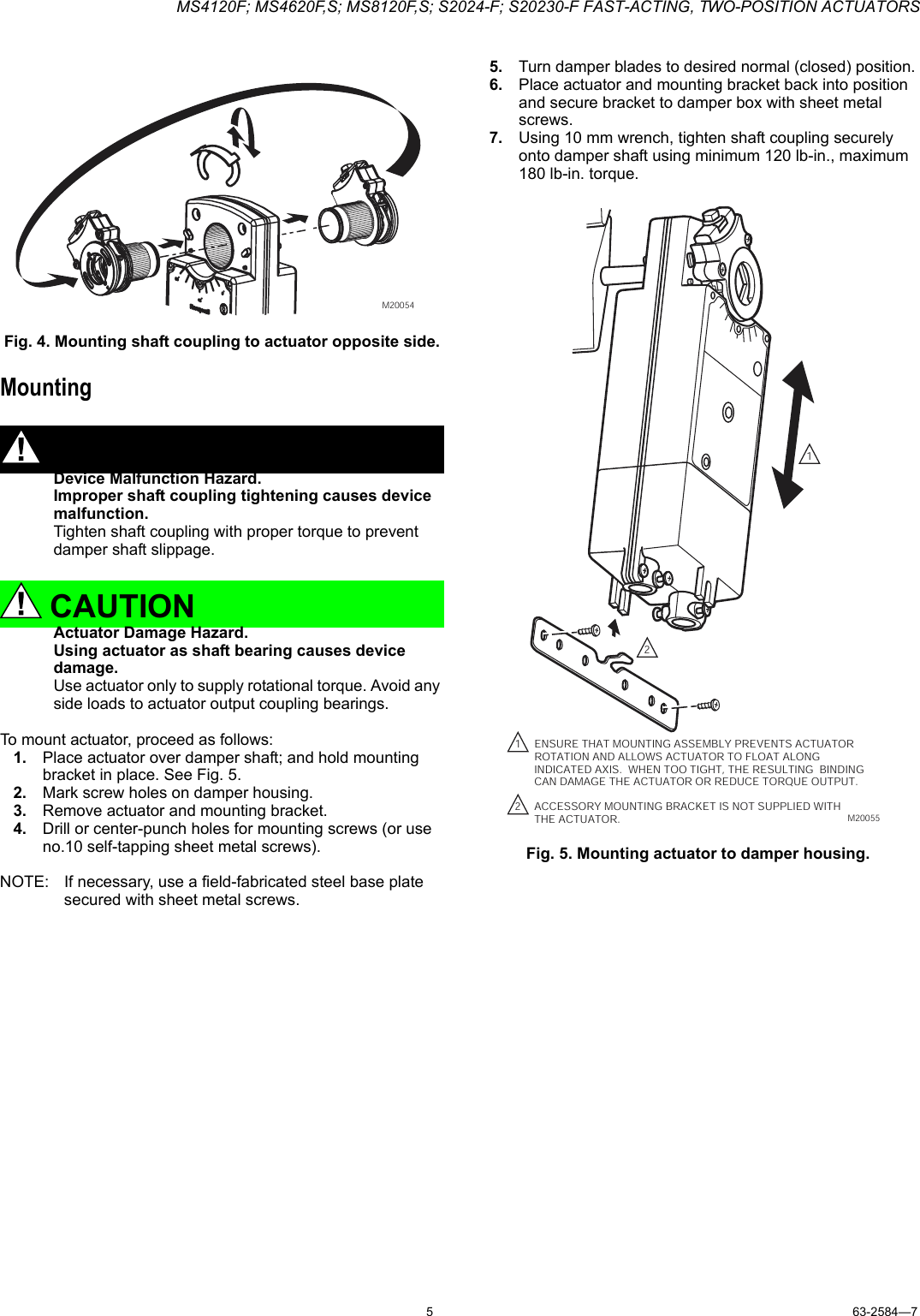 Page 5 of 12 - Honeywell Honeywell-Ms4120F-Users-Manual- 63-2584-7 - MS4120F; MS4620F,S; MS8120F,S; S2024-F; S20230-F Fast-Acting, Two-Position Actuators  Honeywell-ms4120f-users-manual