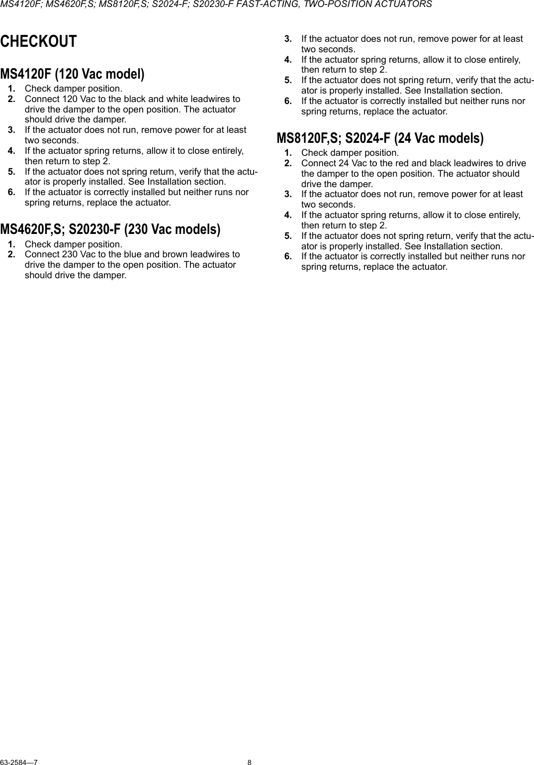 Page 8 of 12 - Honeywell Honeywell-Ms4120F-Users-Manual- 63-2584-7 - MS4120F; MS4620F,S; MS8120F,S; S2024-F; S20230-F Fast-Acting, Two-Position Actuators  Honeywell-ms4120f-users-manual