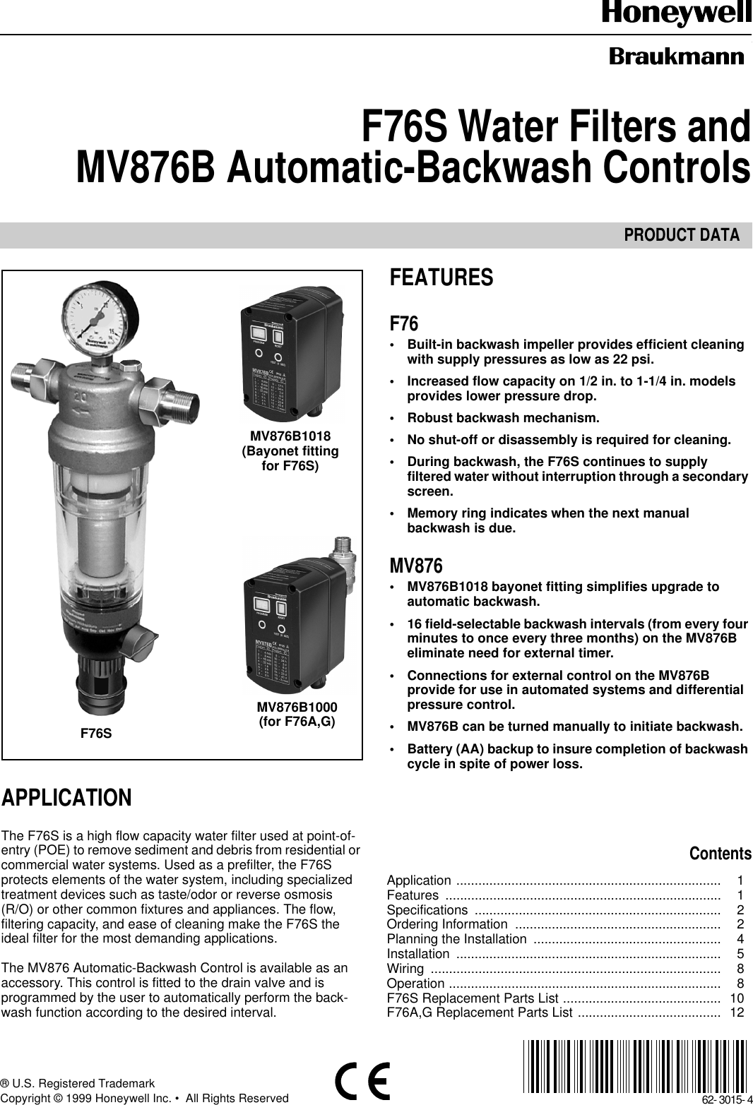 Honeywell Mv876B1018 F76S Users Manual 62 3015, Water Filters And